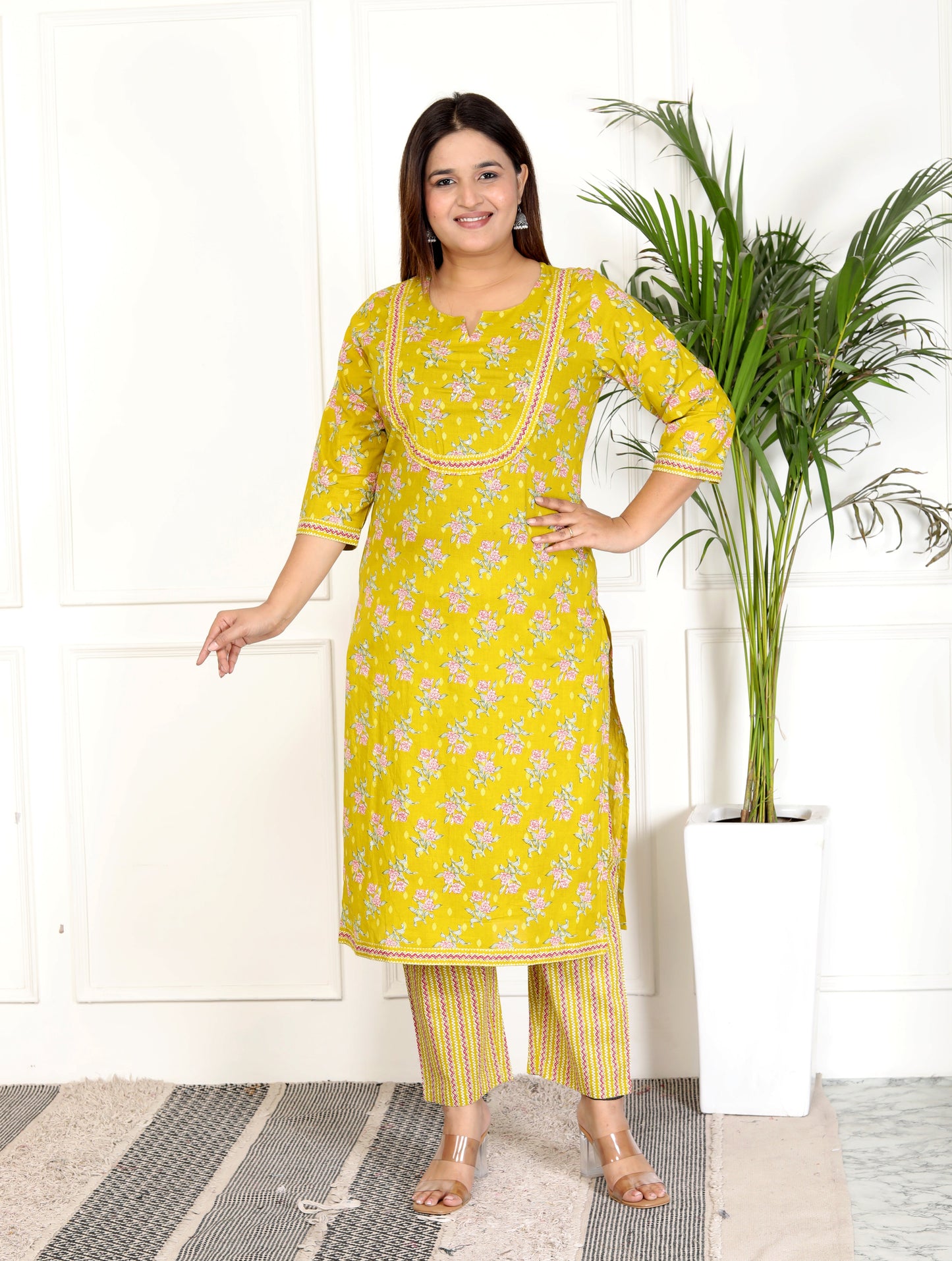 Yellow Cotton Printed Kurta Pant Set with Dupatta-800070