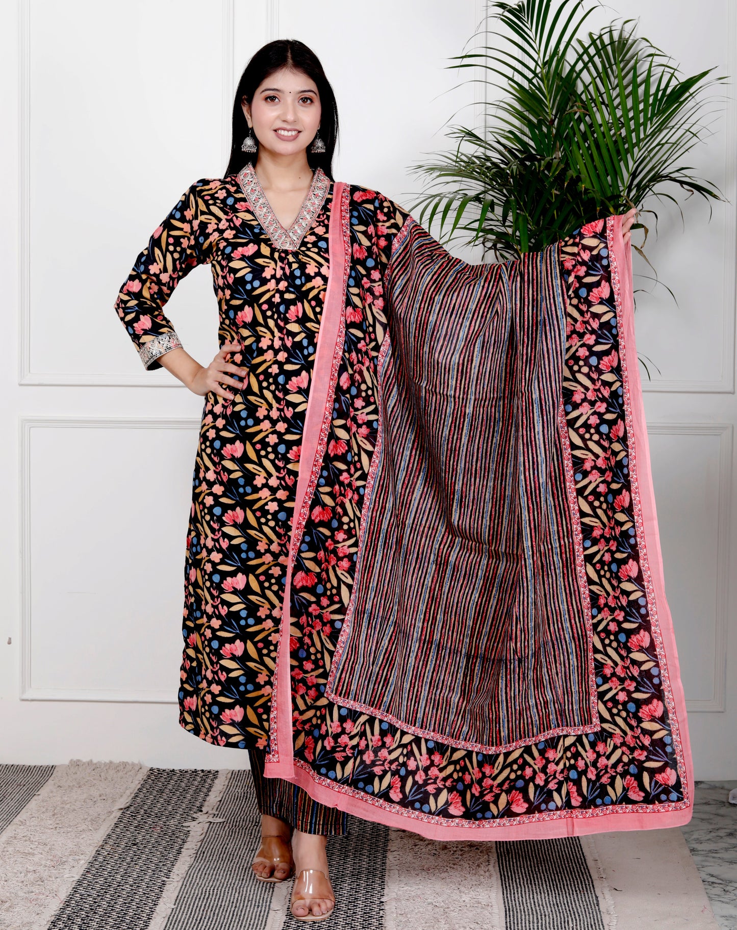 Black Cotton Printed Kurta Pant Set Dupatta with Embroidery work-800078