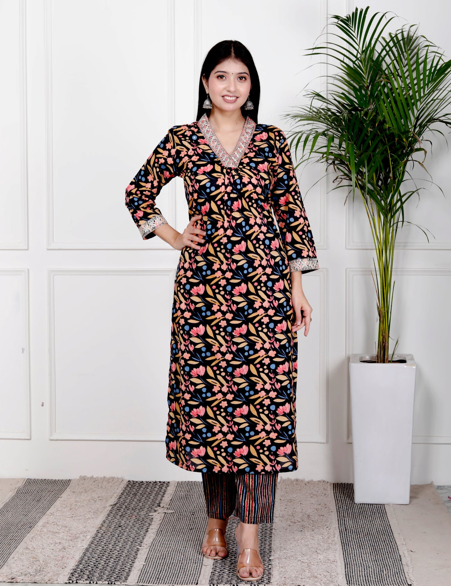 Black Cotton Printed Kurta Pant Set Dupatta with Embroidery work-800078