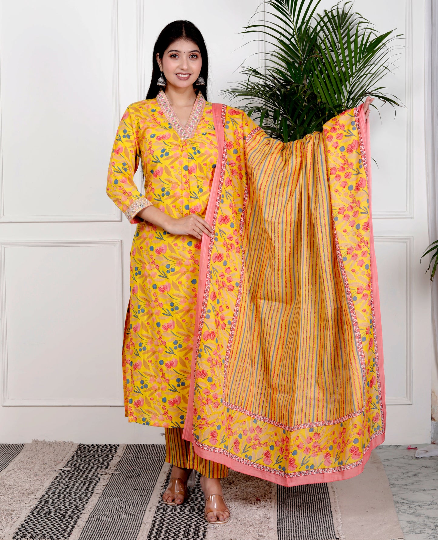 Yellow Cotton Printed Kurta Pant Set Dupatta with Embroidery work-800078