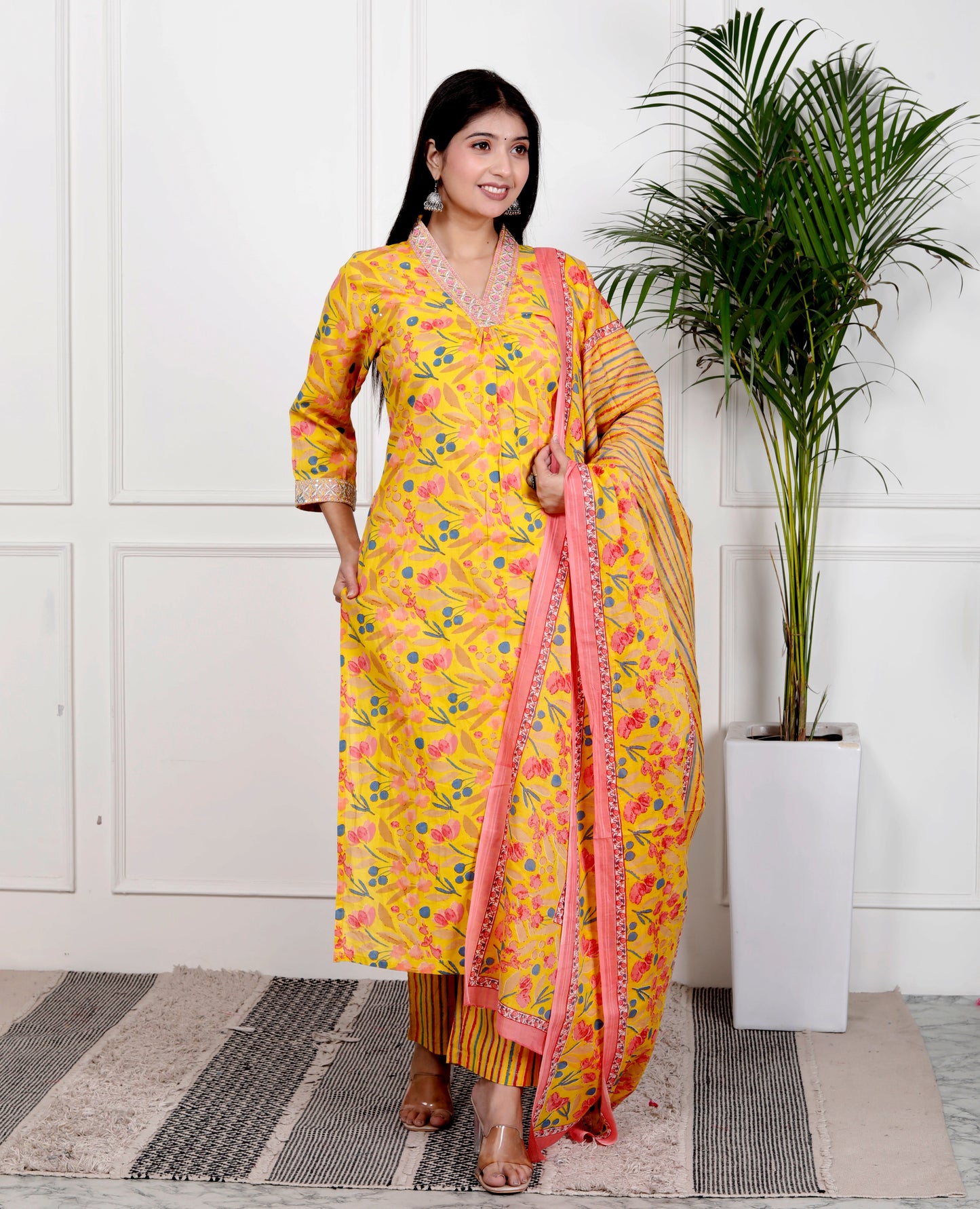 Yellow Cotton Printed Kurta Pant Set Dupatta with Embroidery work-800078