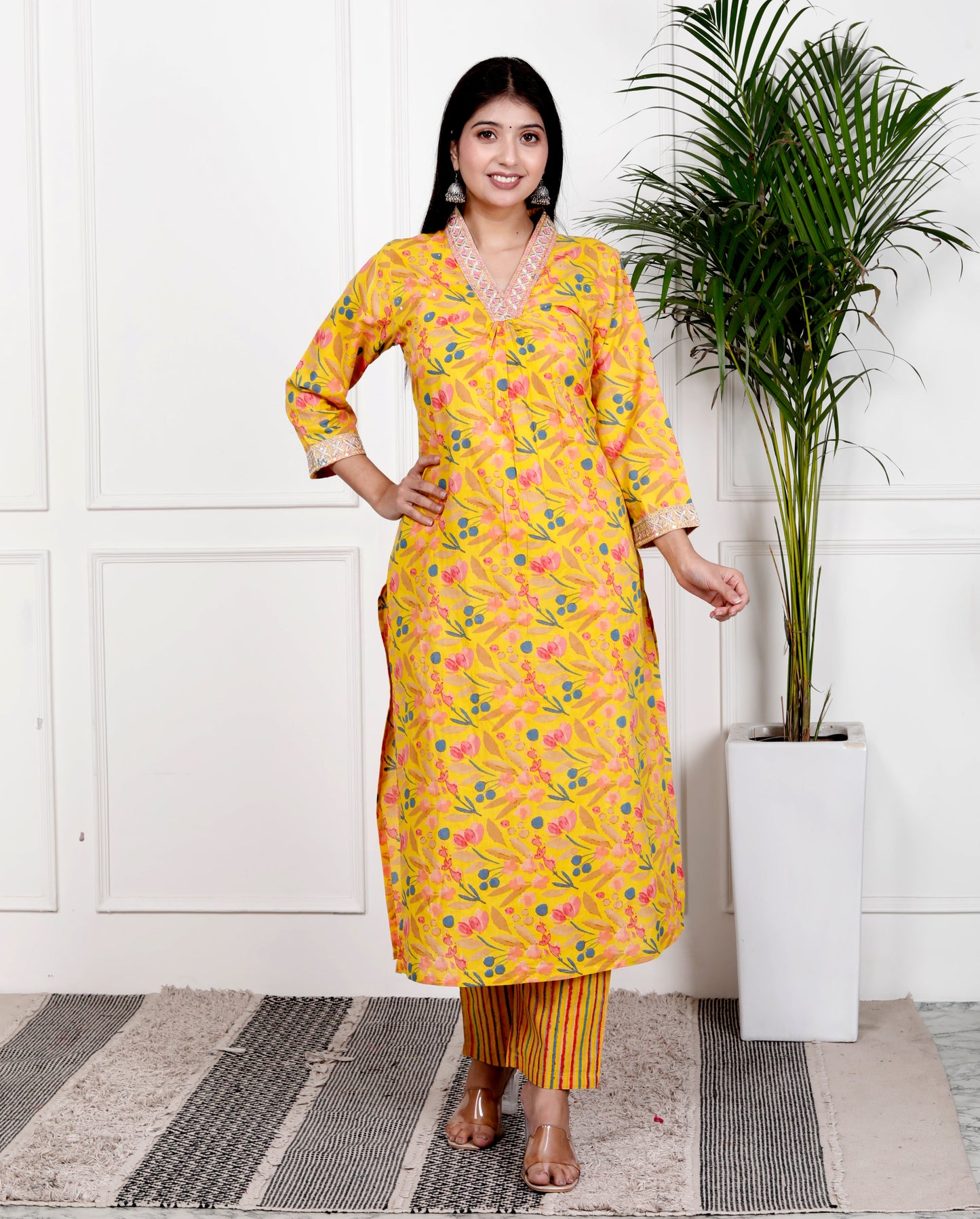 Yellow Cotton Printed Kurta Pant Set Dupatta with Embroidery work-800078