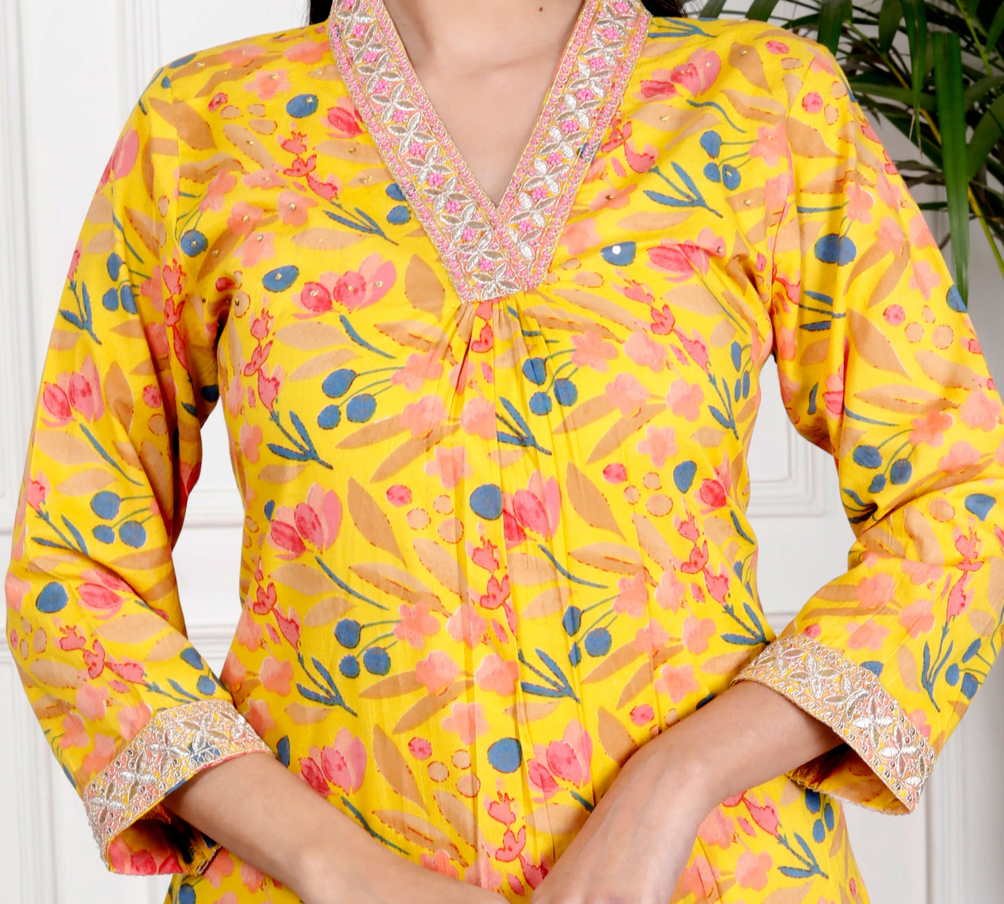 Yellow Cotton Printed Kurta Pant Set Dupatta with Embroidery work-800078