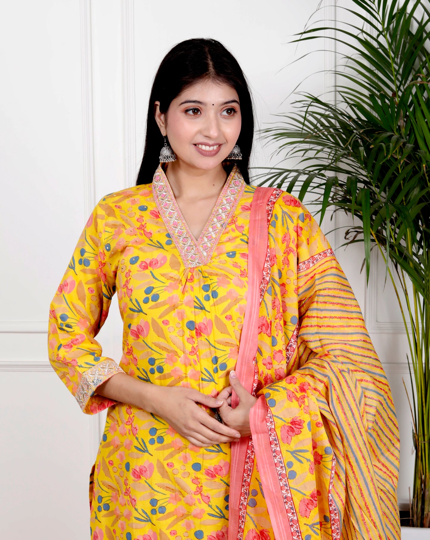 Yellow Cotton Printed Kurta Pant Set Dupatta with Embroidery work-800078