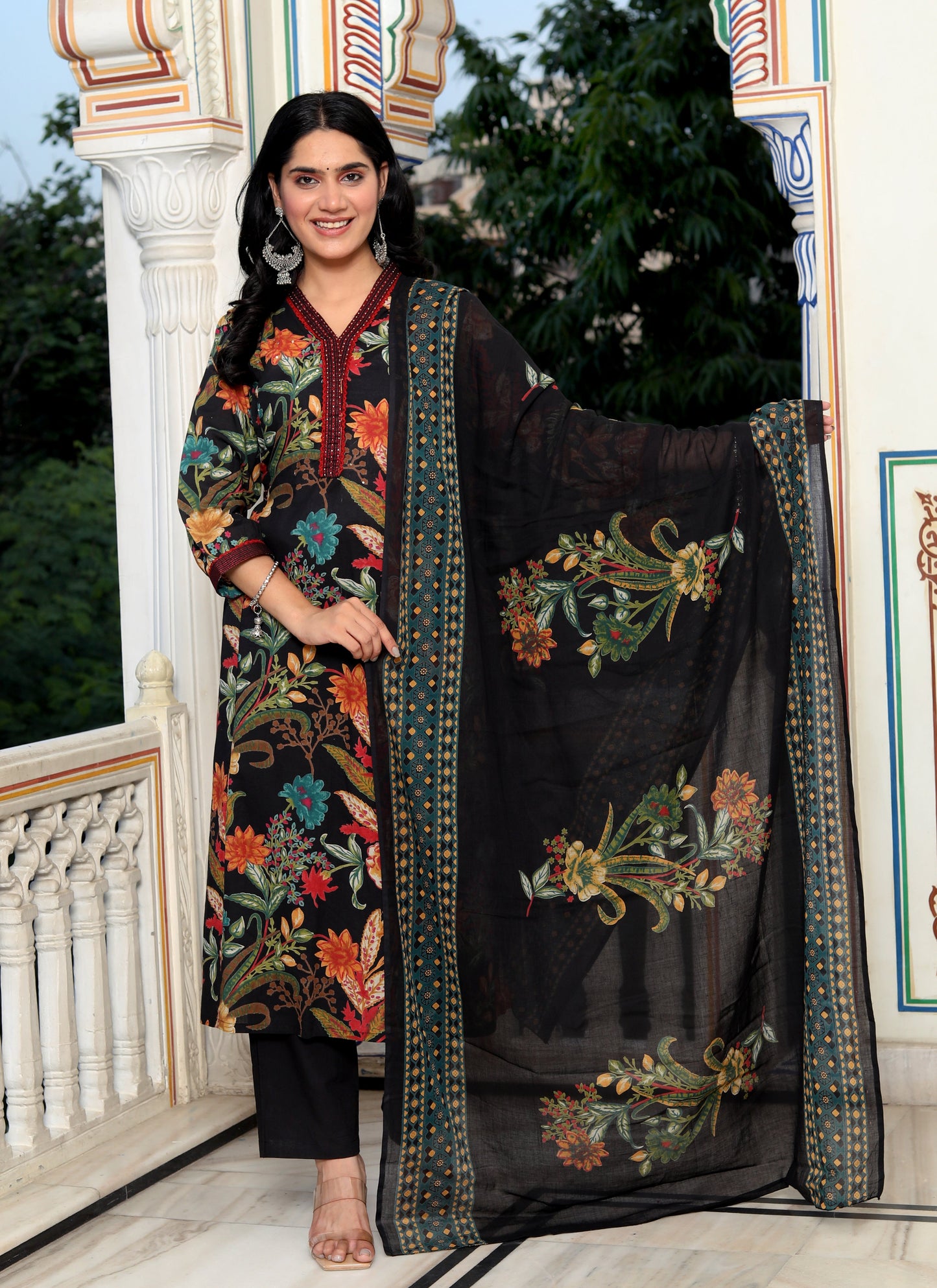 Black Cotton Printed Kurta Pant Set Dupatta with Embroidery work-800079