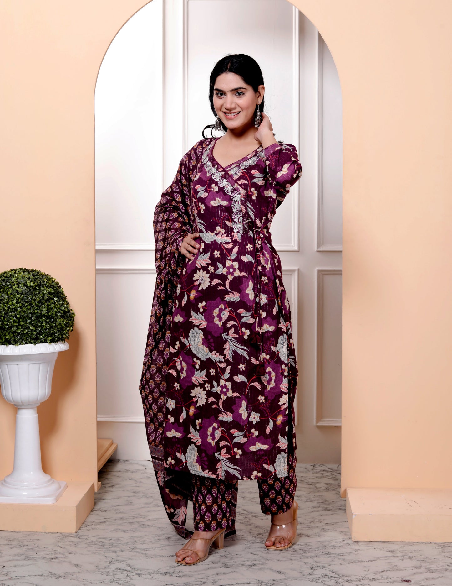 Purple Cotton Printed Kurta Pant Set Dupatta with Embroidery work -800094