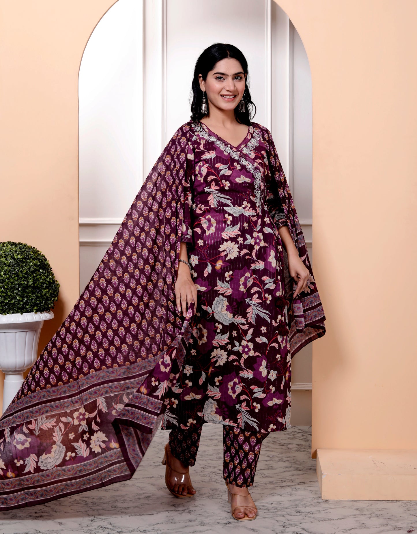 Purple Cotton Printed Kurta Pant Set Dupatta with Embroidery work -800094