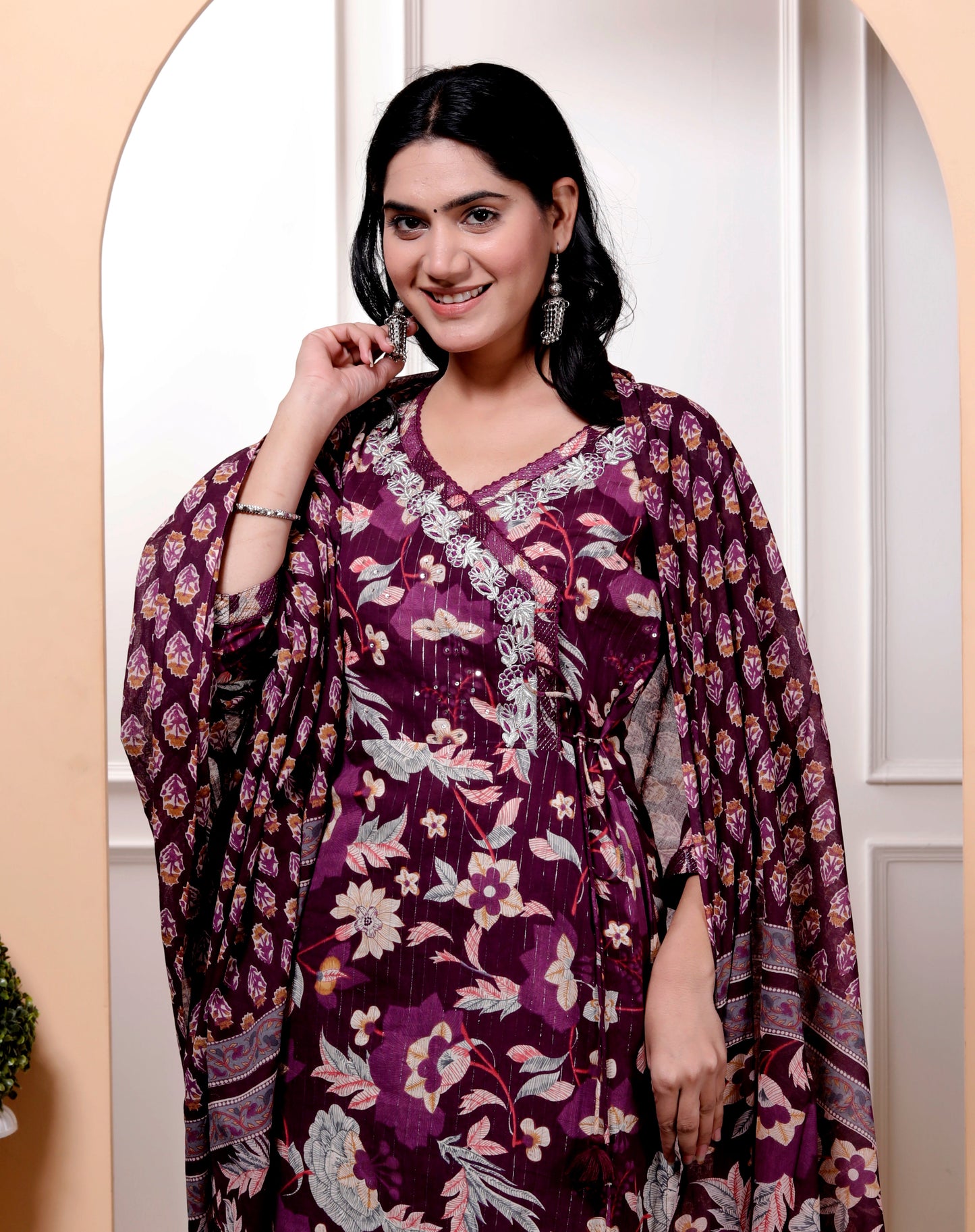 Purple Cotton Printed Kurta Pant Set Dupatta with Embroidery work -800094