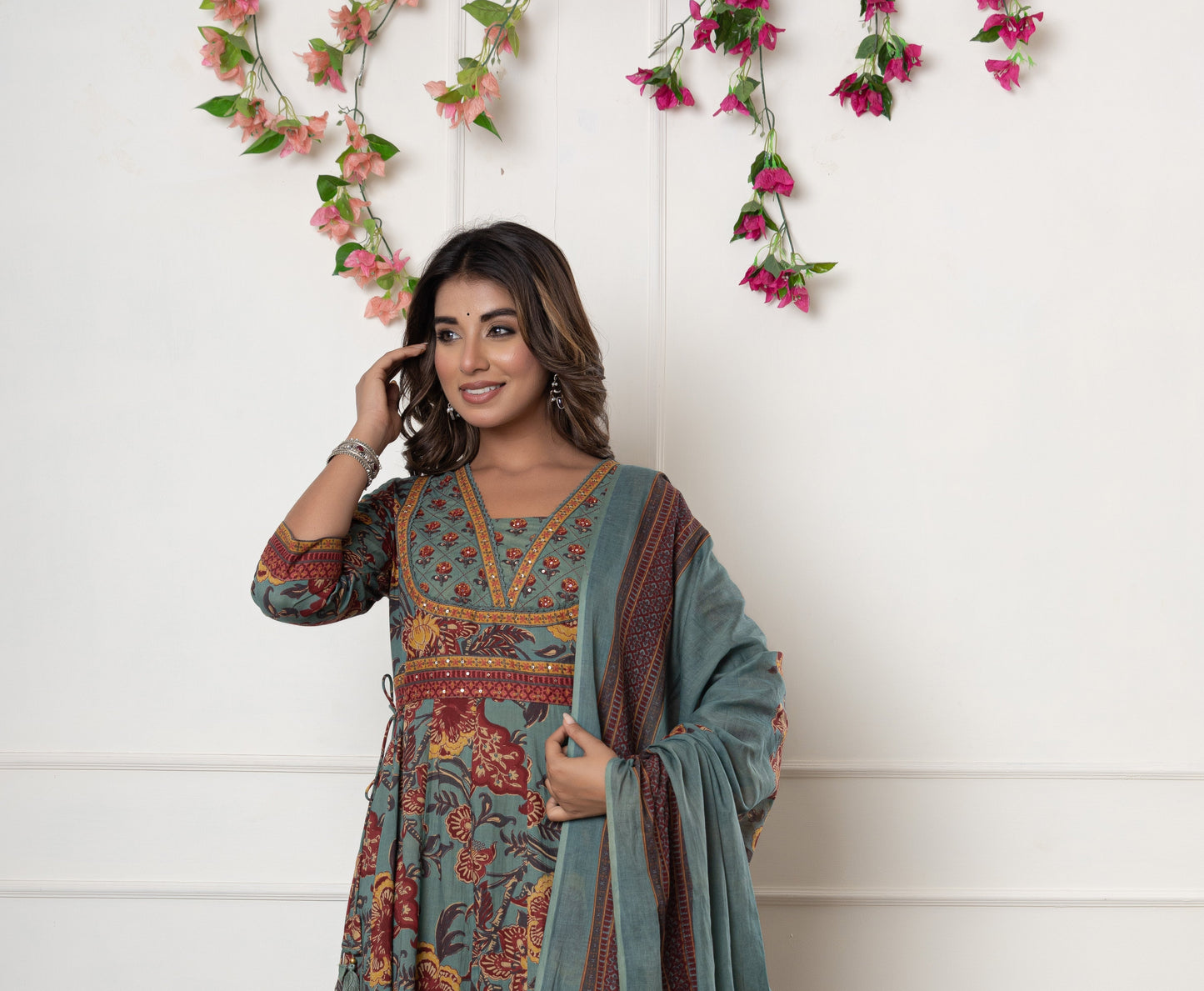 Green Cotton Anarkali Kurta Pant Set With Dupatta-800098