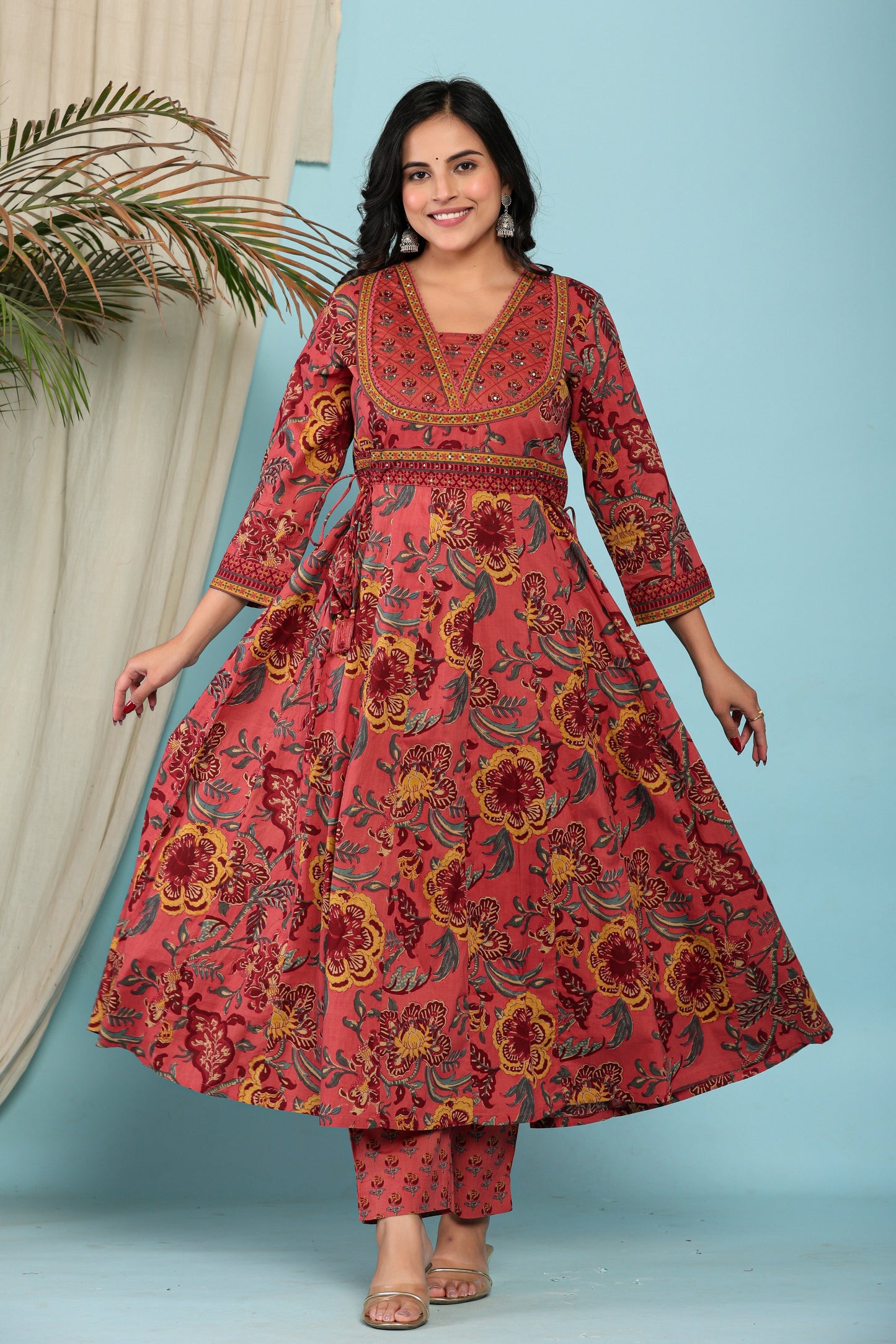 Onion Cotton Anarkali Kurta Pant Set With Dupatta-800098