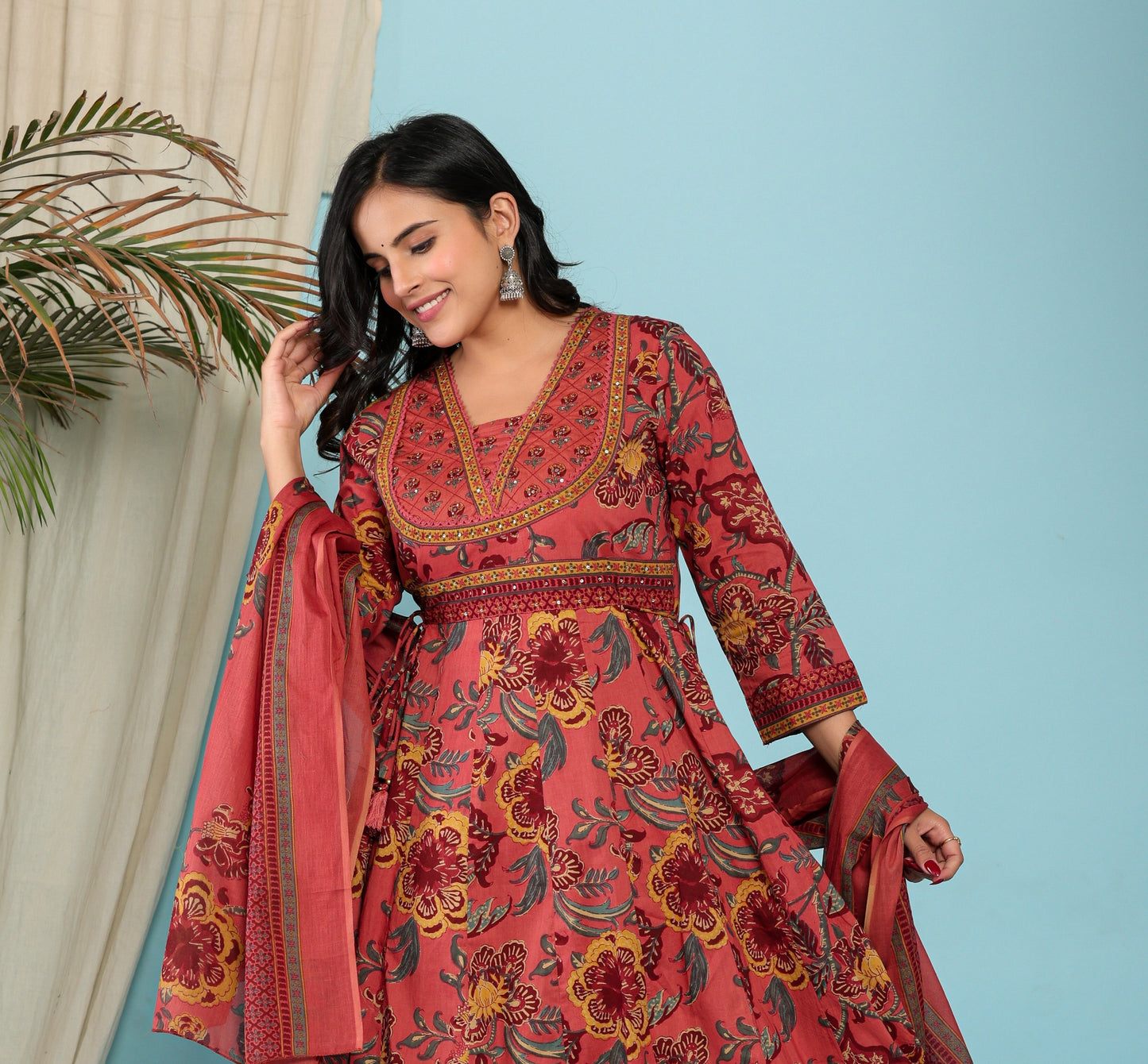 Onion Cotton Anarkali Kurta Pant Set With Dupatta-800098