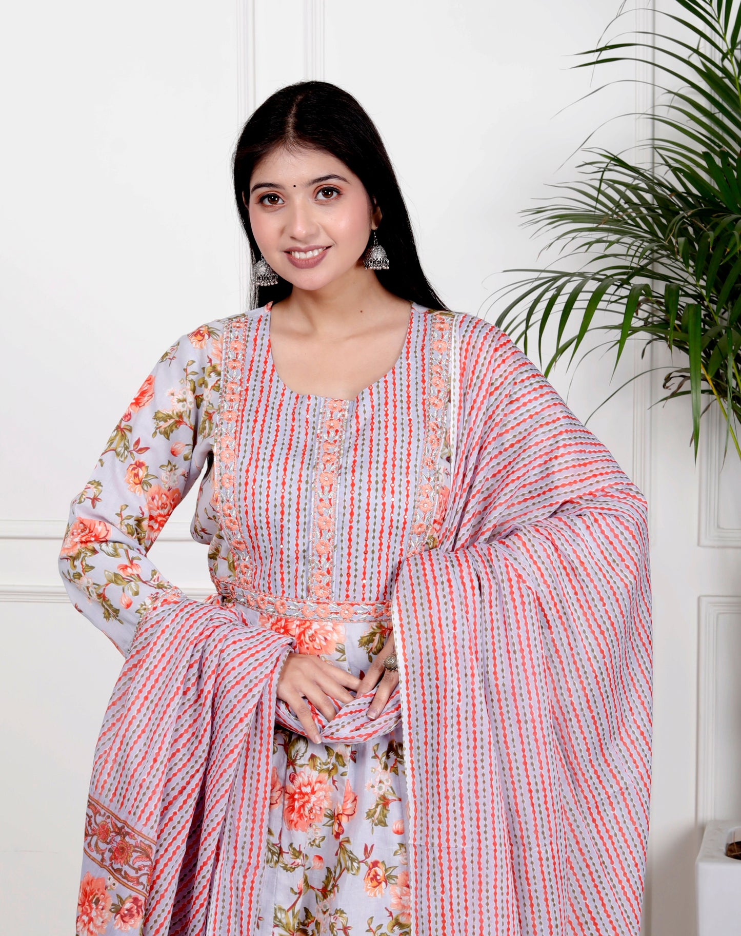 Sky Blue Cotton Anarkali Kurta Pant Set With Dupatta-800102