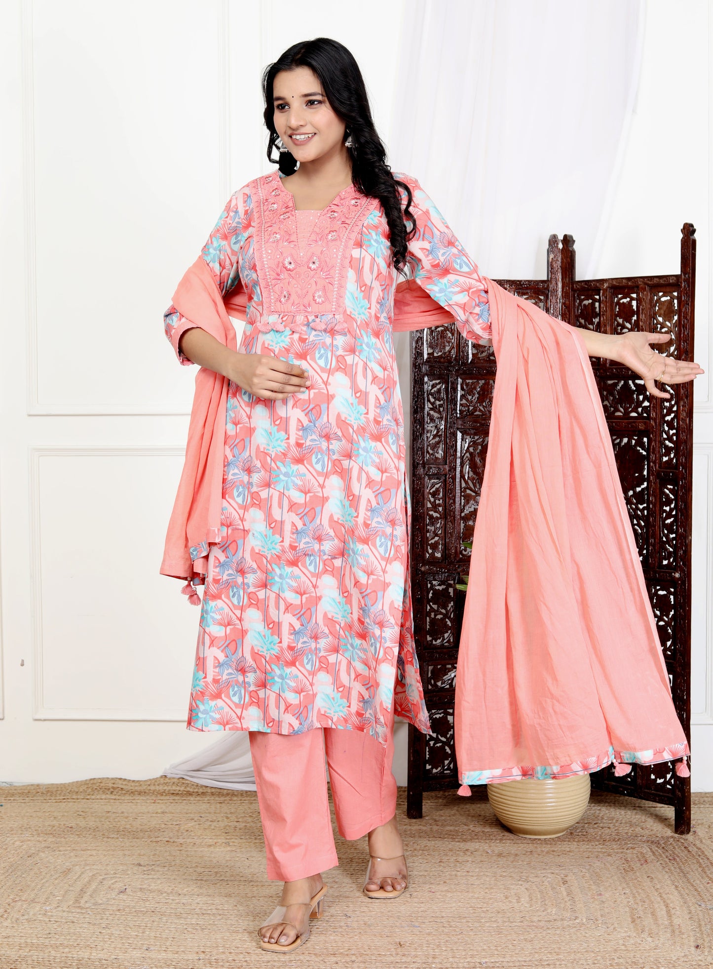 Pink Cotton Printed Kurta Pant Set Dupatta with Embroidery work -800109