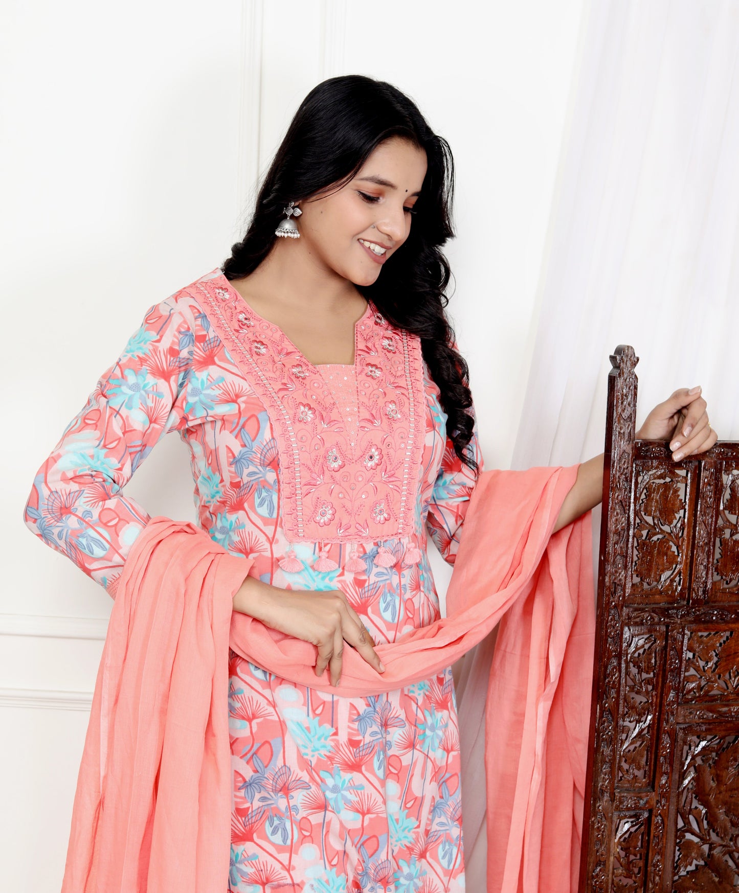 Pink Cotton Printed Kurta Pant Set Dupatta with Embroidery work -800109