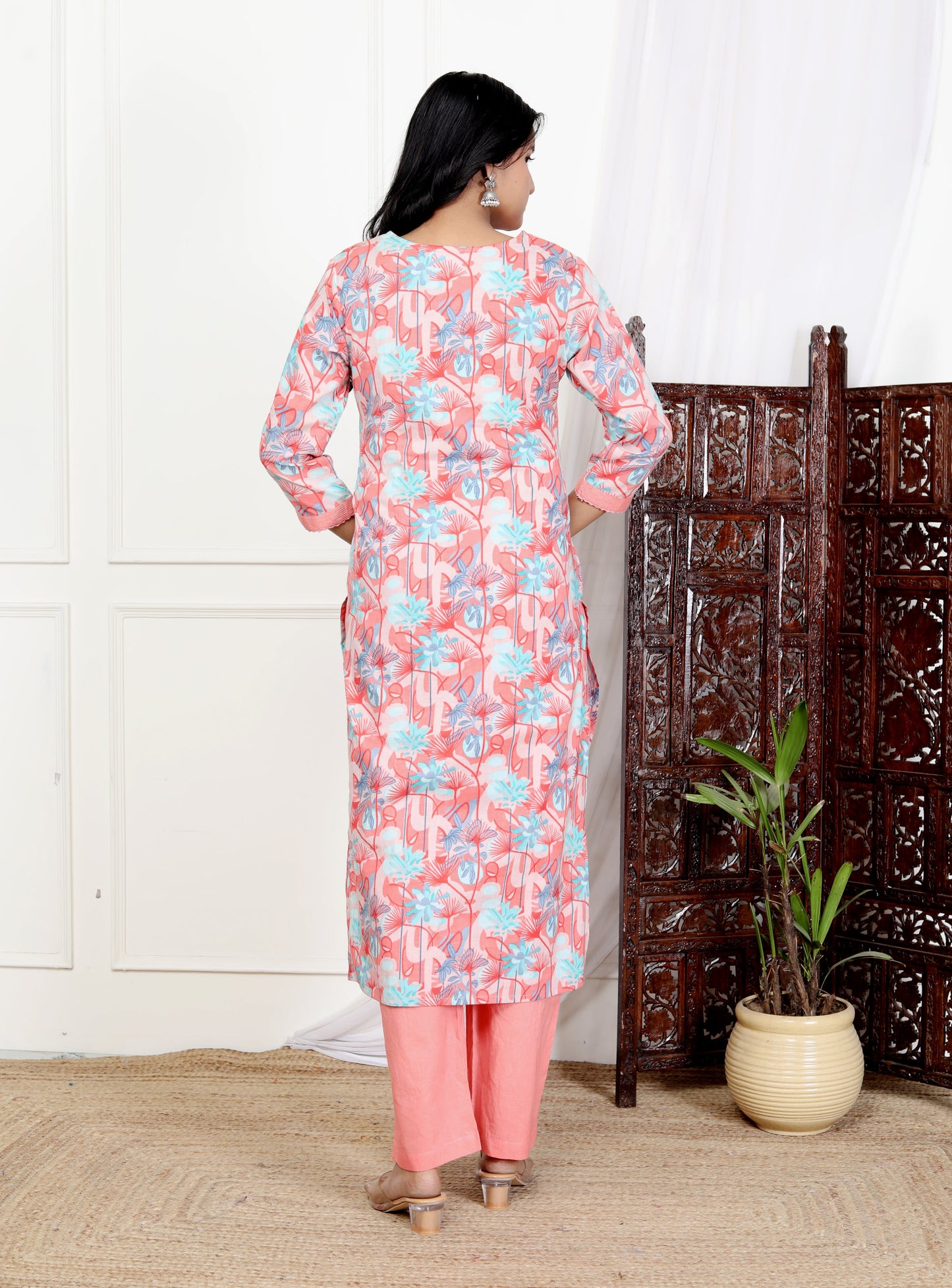 Pink Cotton Printed Kurta Pant Set Dupatta with Embroidery work -800109