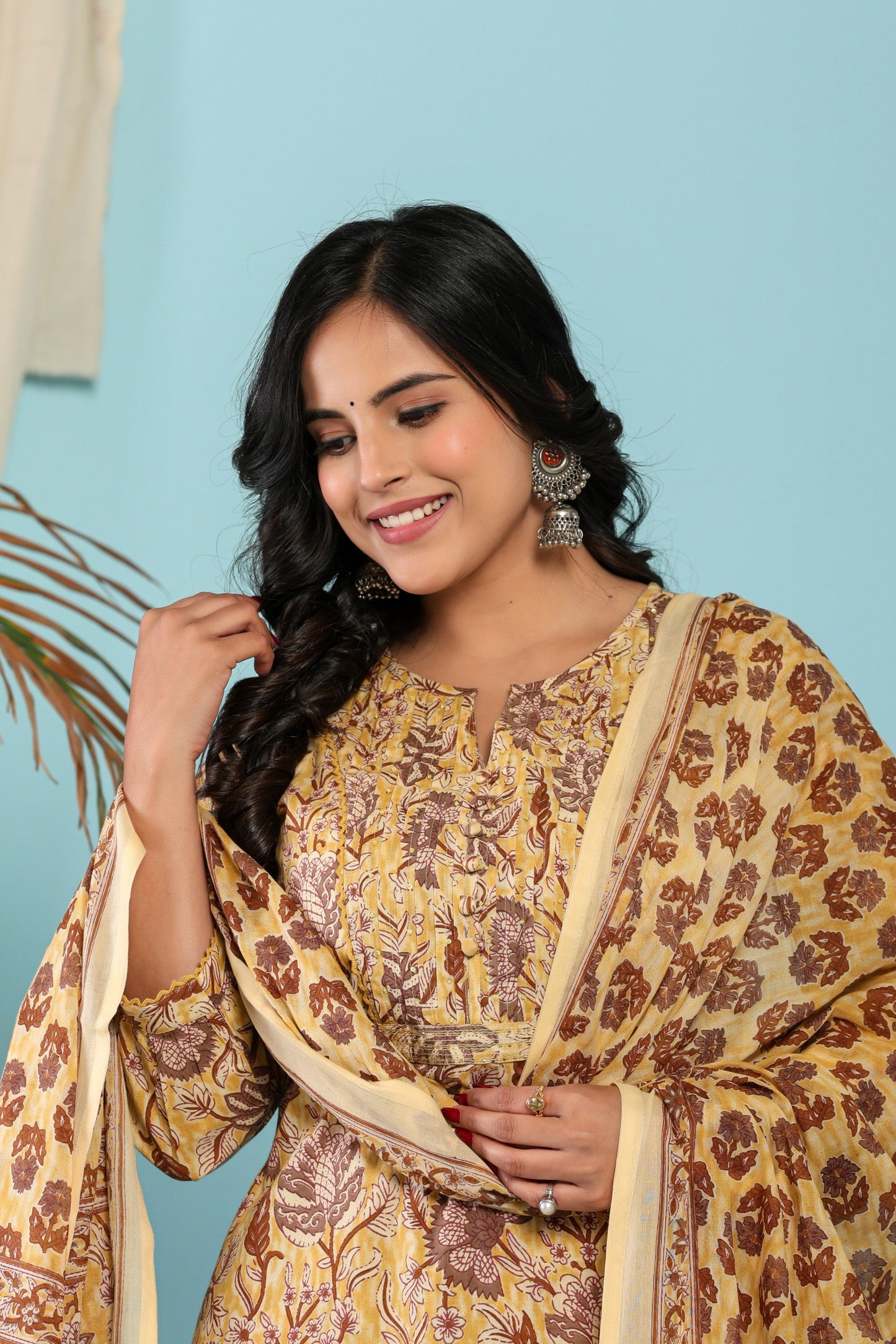 Yellow Cotton Printed Kurta Pant Set Dupatta with Embroidery work-800118