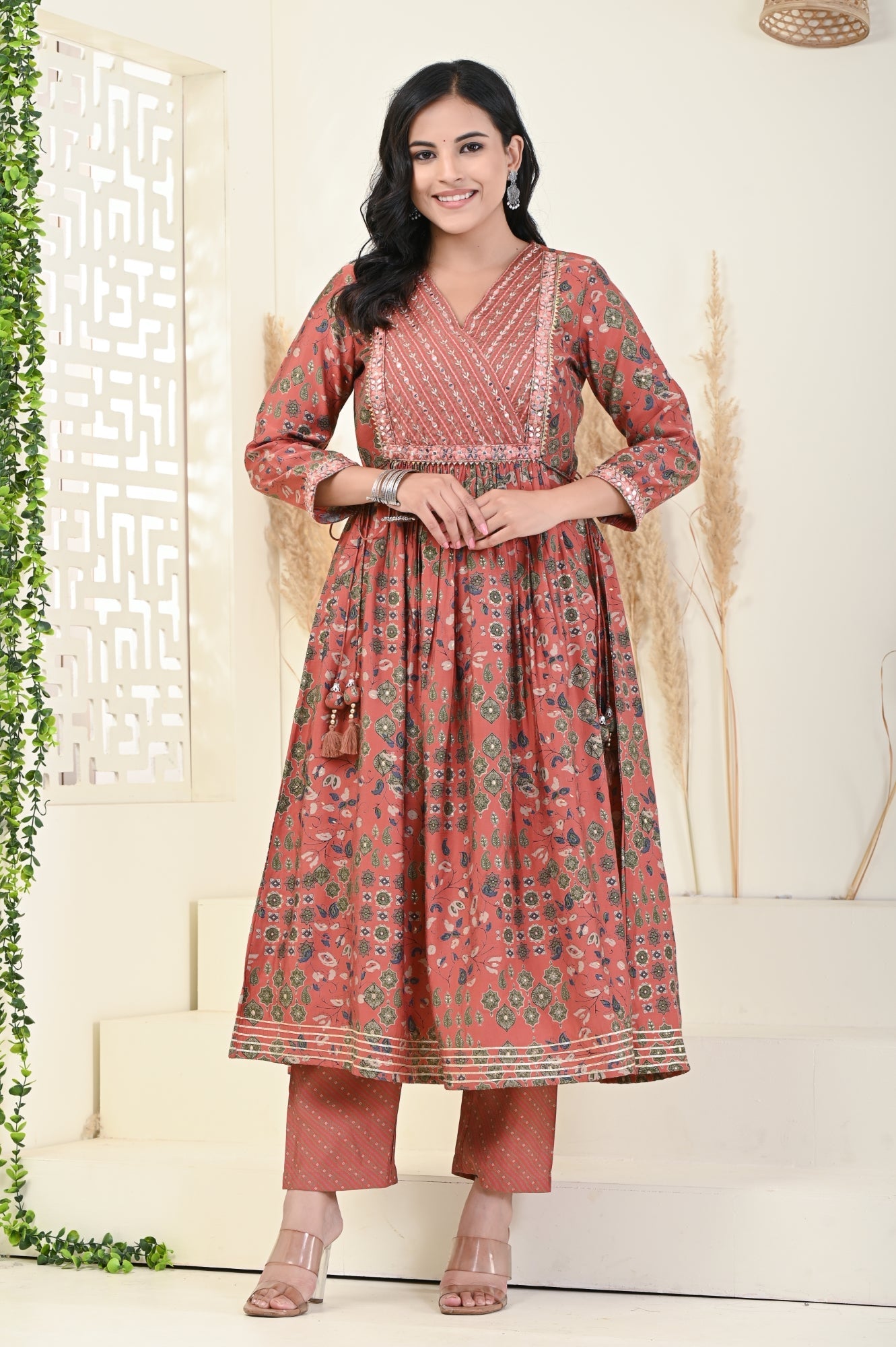 Rust Muslin Anarkali Kurta Pant Set-900001