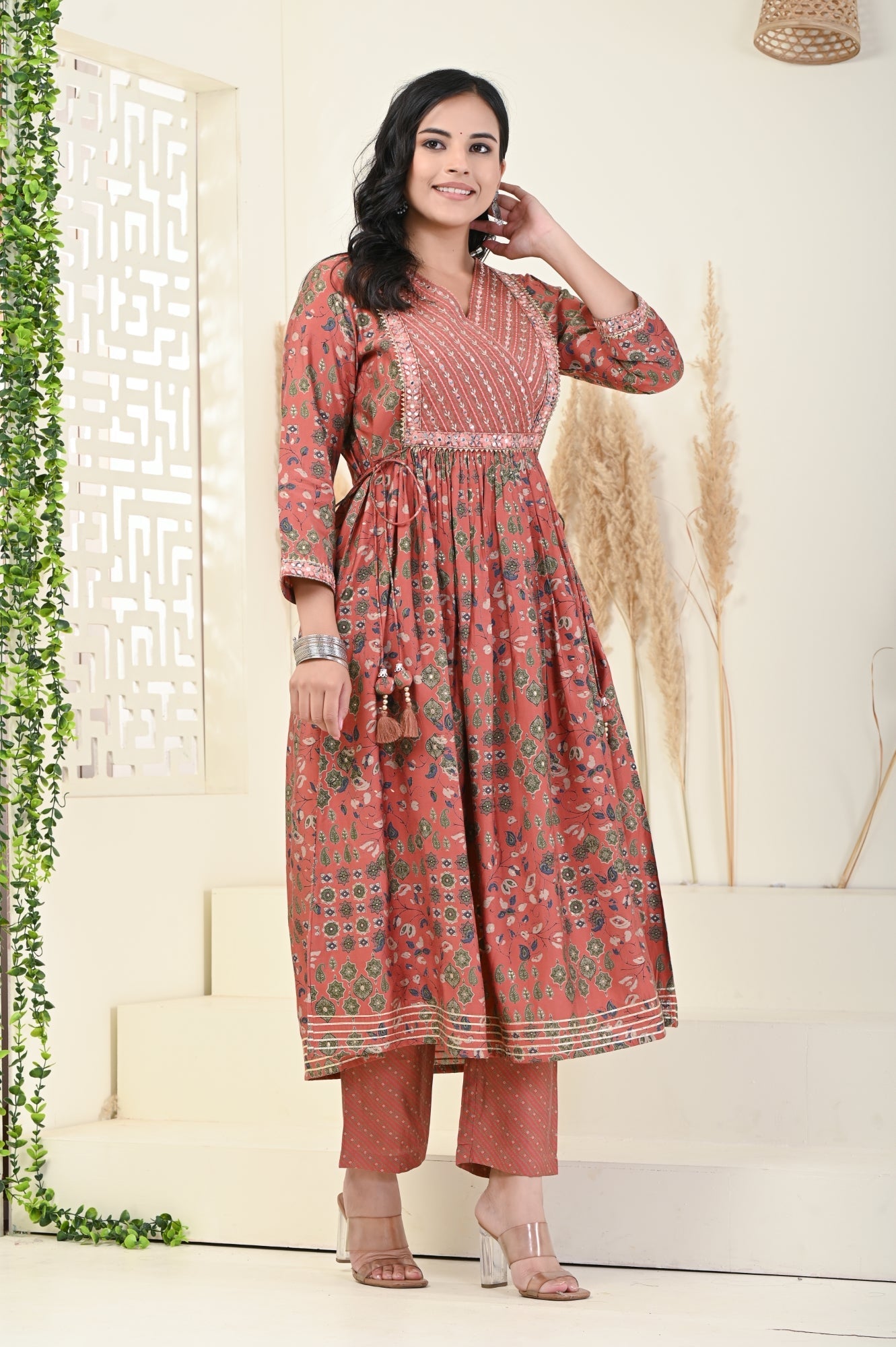 Rust Muslin Anarkali Kurta Pant Set-900001
