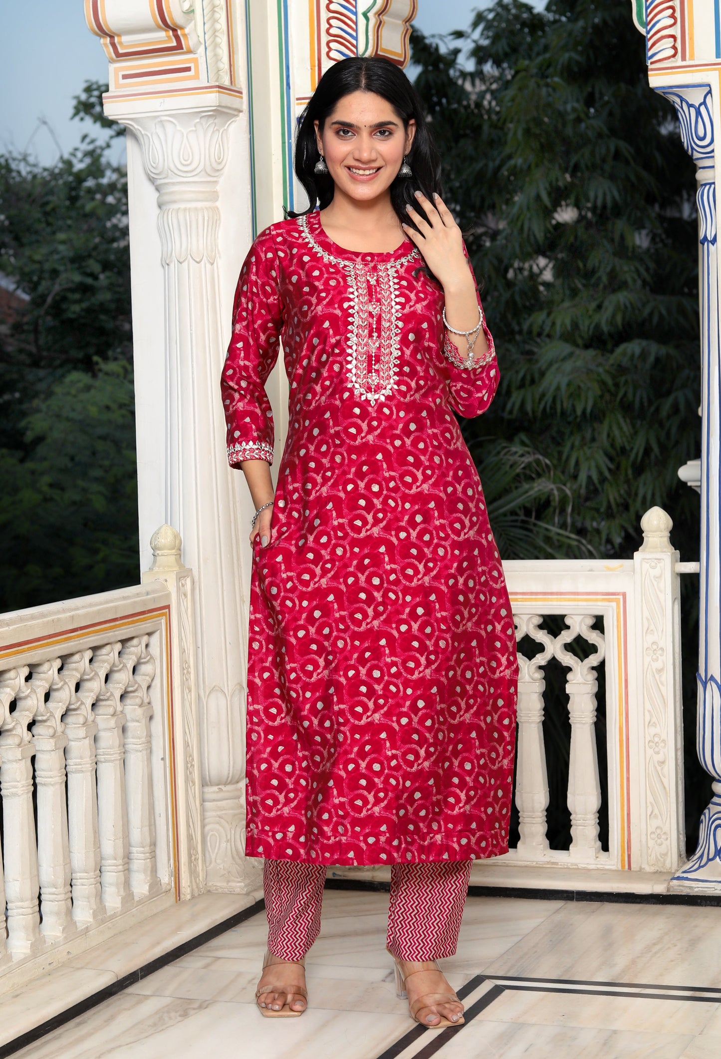 Red Muslin Printed Kurta Pant Set With Embroidery Work -900051