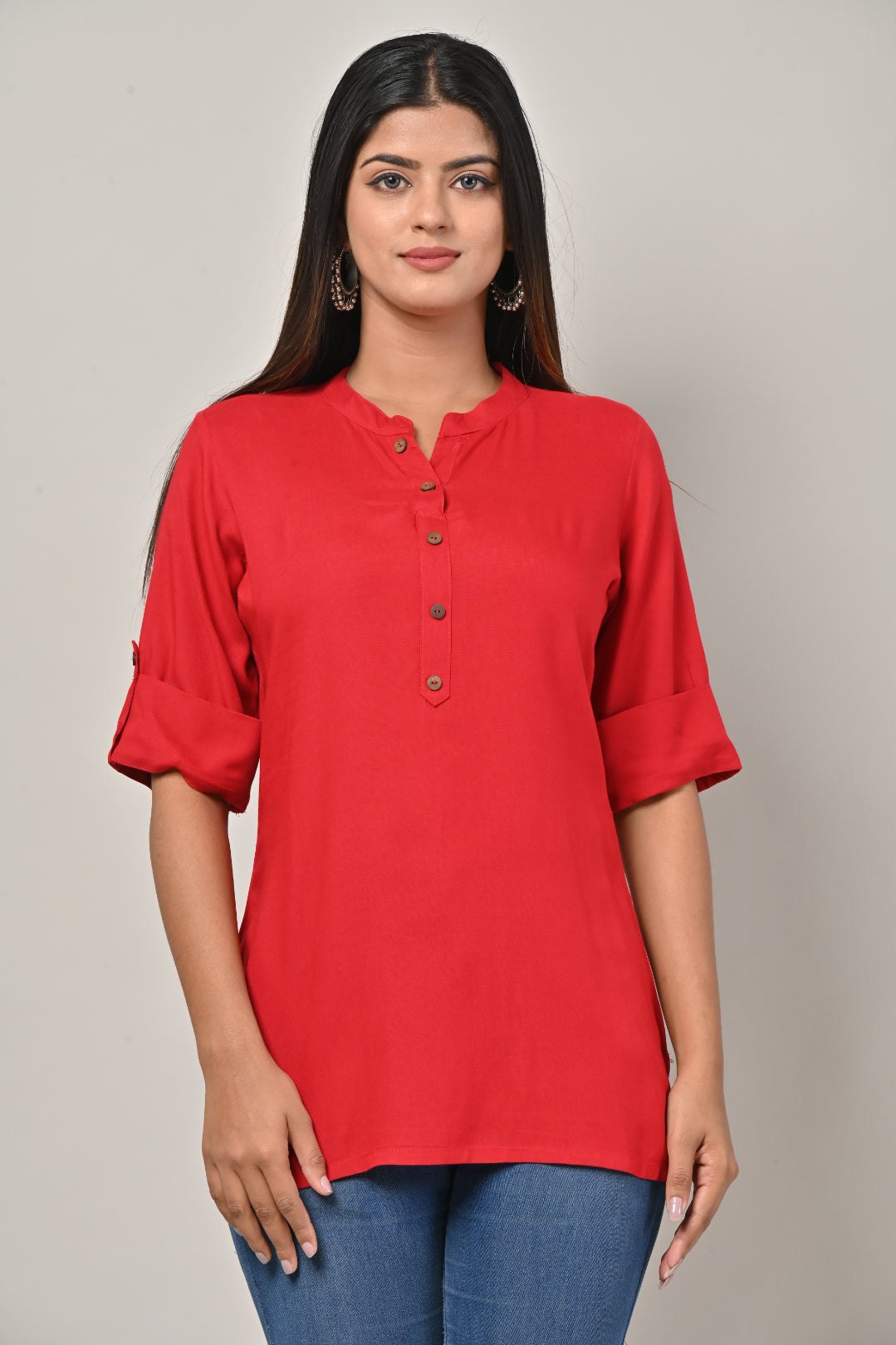 Red Cotton Blend Solid Short Kurta-562