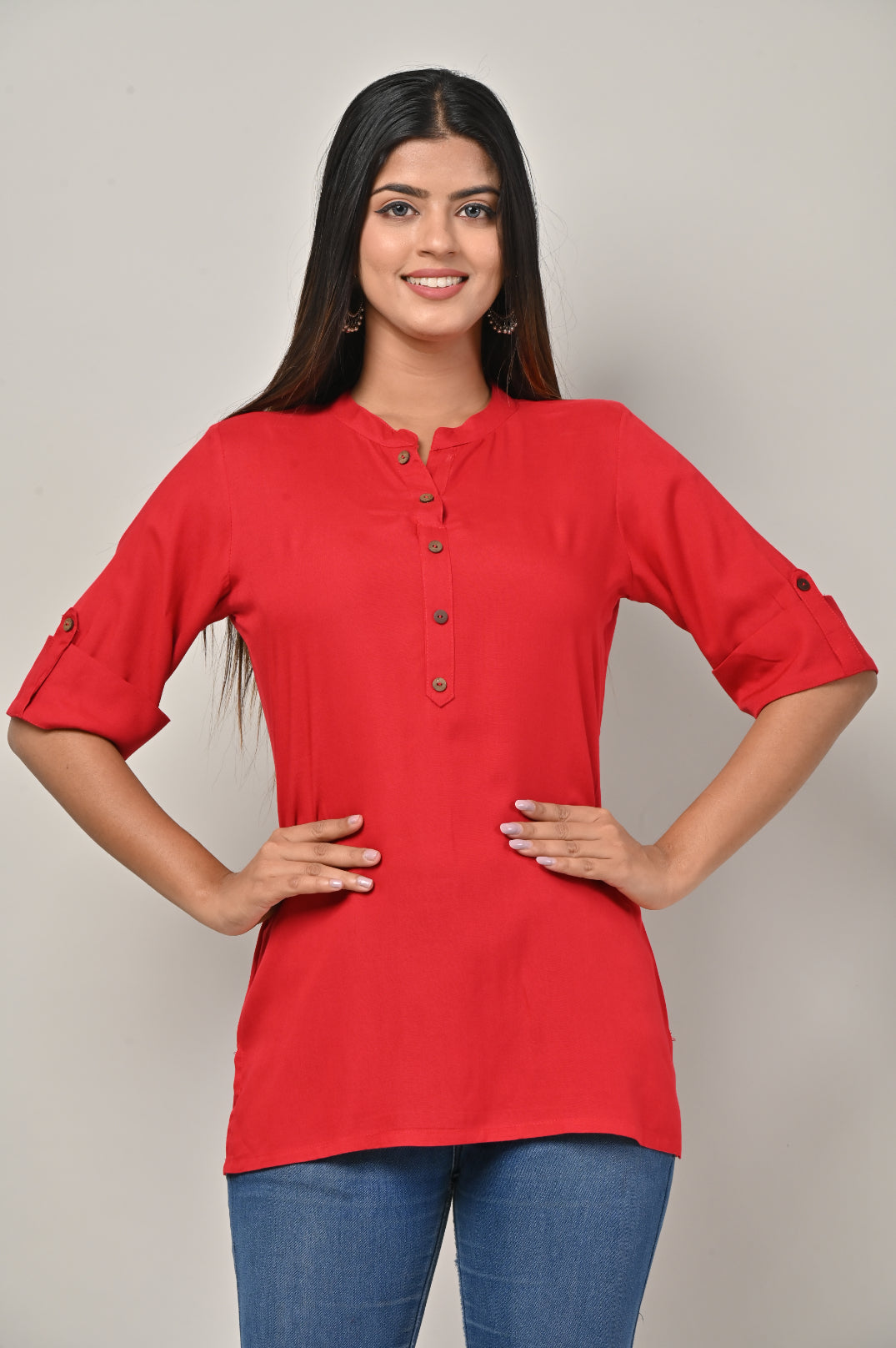 Red Cotton Blend Solid Short Kurta-562