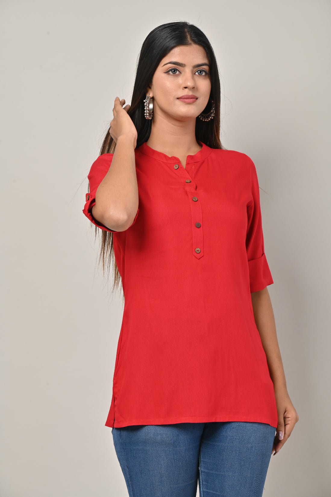 Red Cotton Blend Solid Short Kurta-562