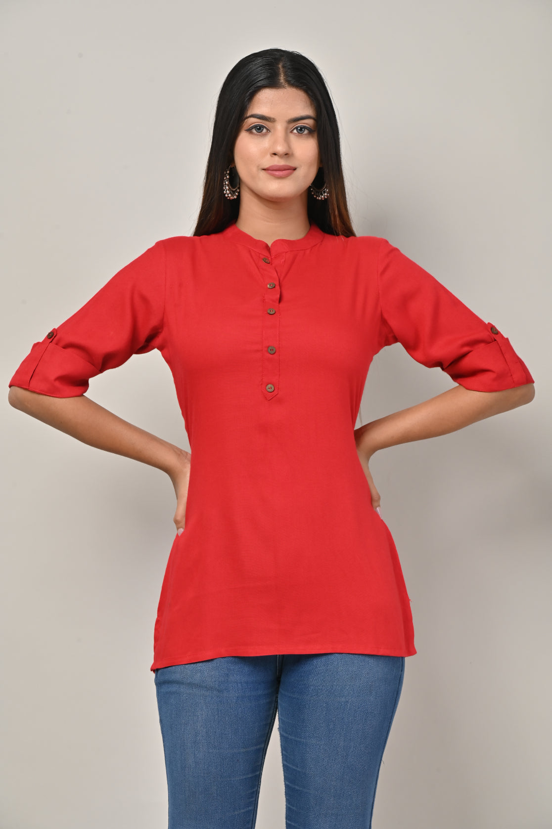 Red Cotton Blend Solid Short Kurta-562