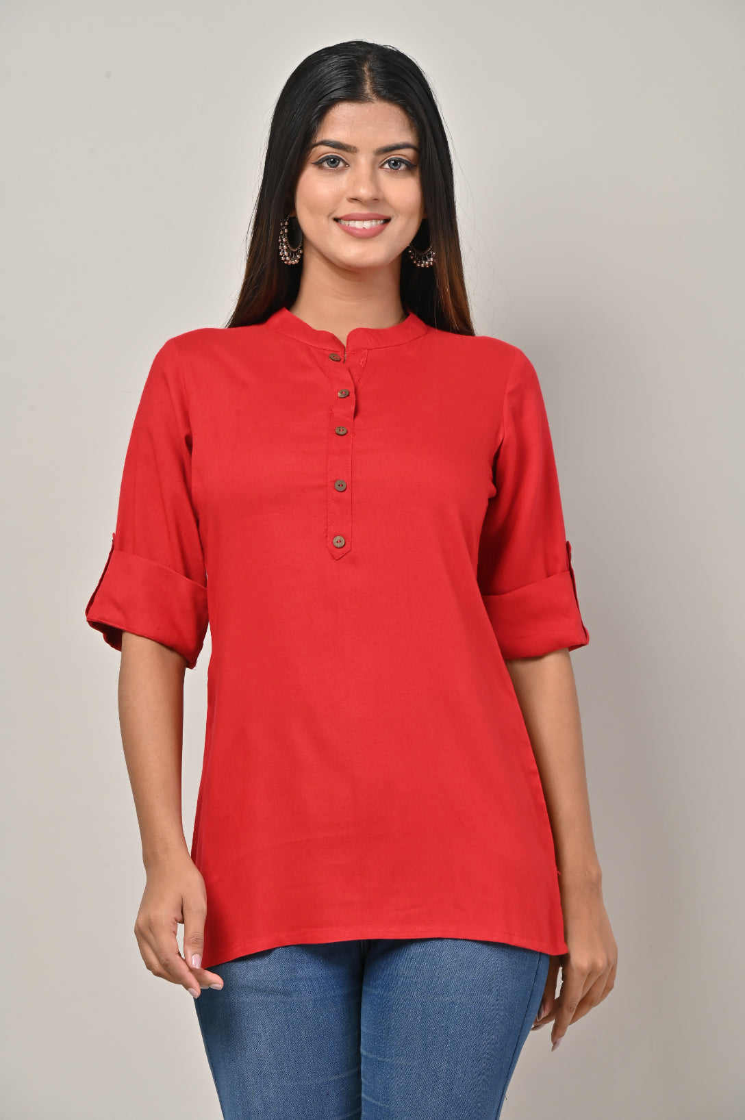 Red Cotton Blend Solid Short Kurta-562