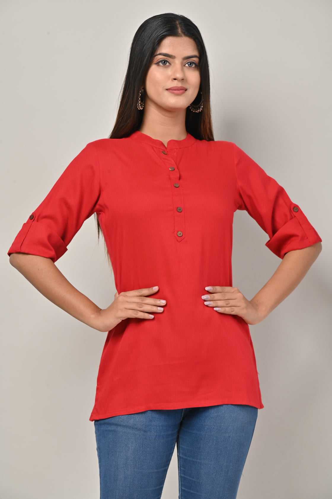 Red Cotton Blend Solid Short Kurta-562