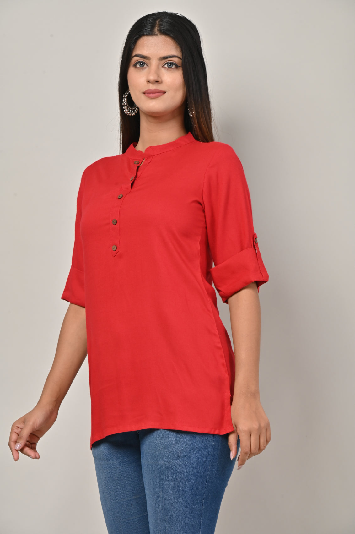 Red Cotton Blend Solid Short Kurta-562