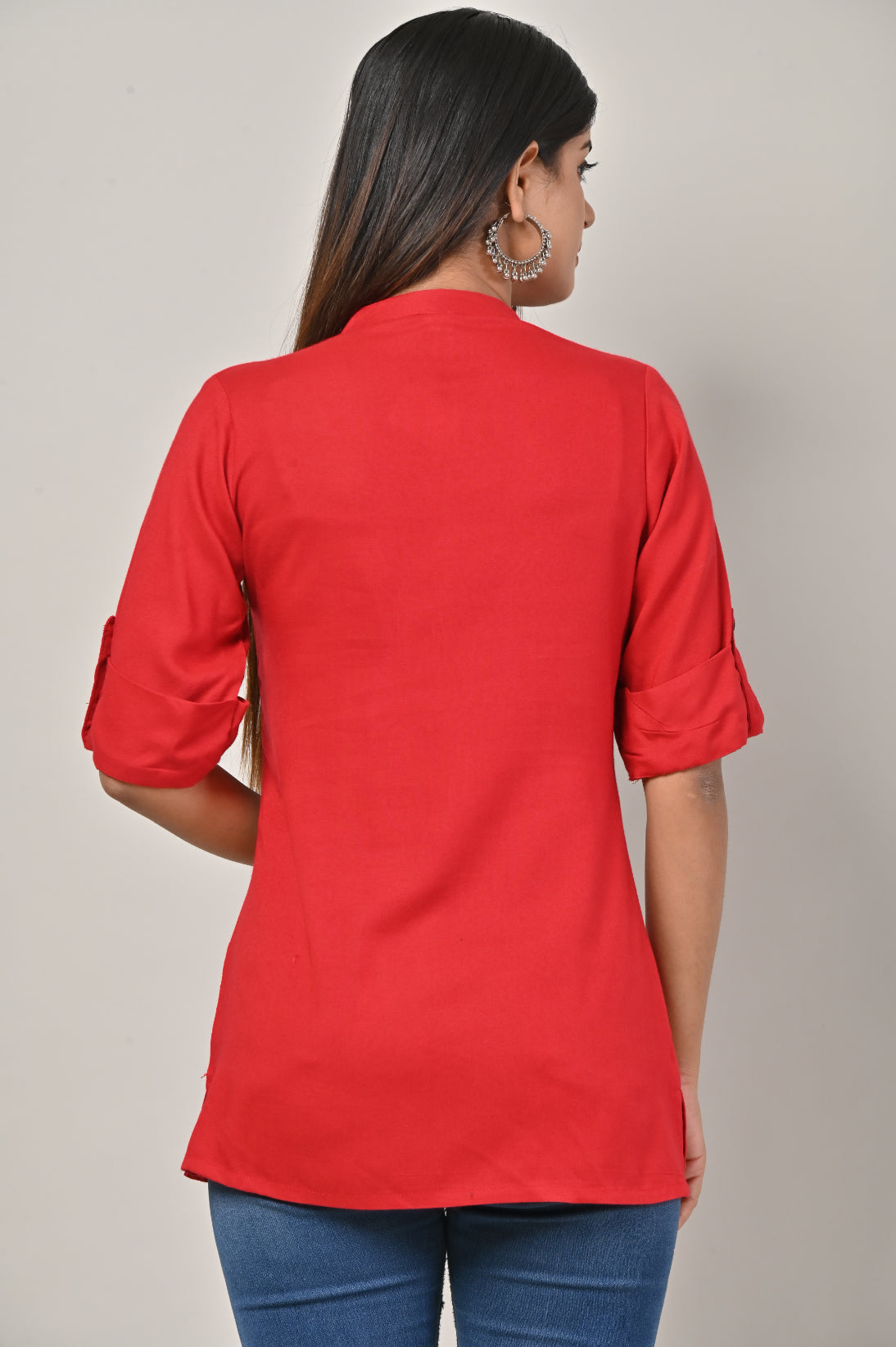 Red Cotton Blend Solid Short Kurta-562