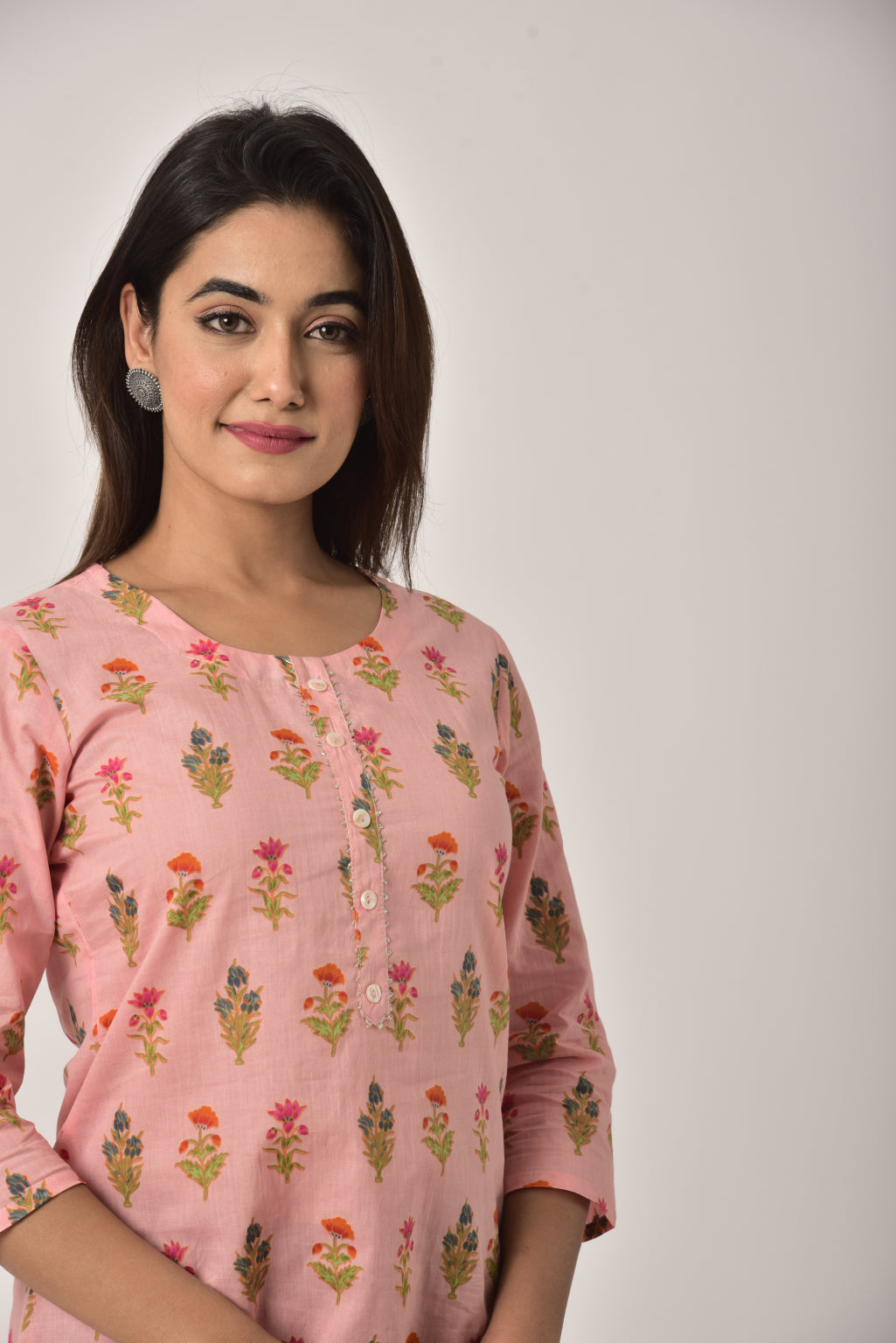 Pink Cotton Floral Print Short Kurta-444