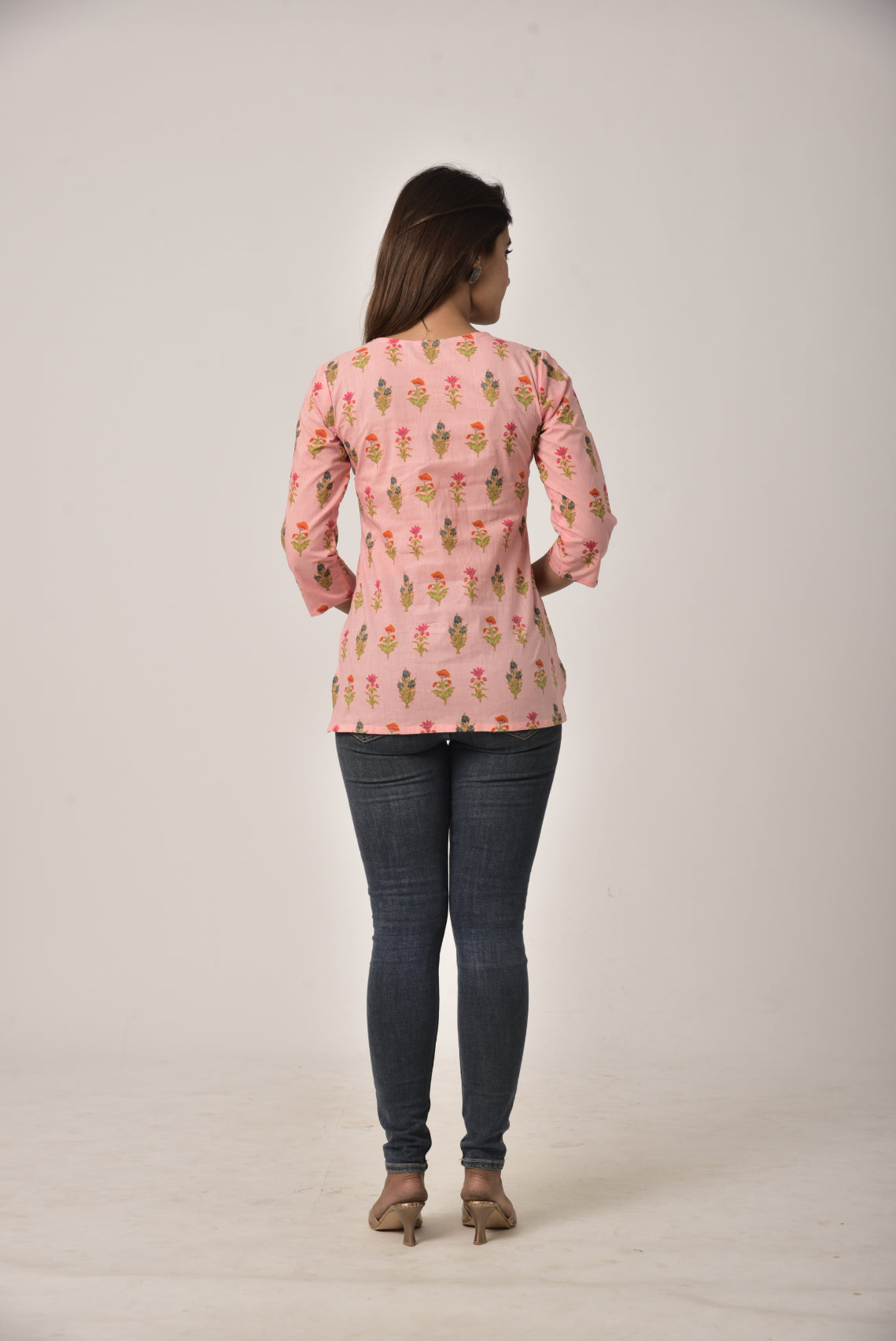 Pink Cotton Floral Print Short Kurta-444