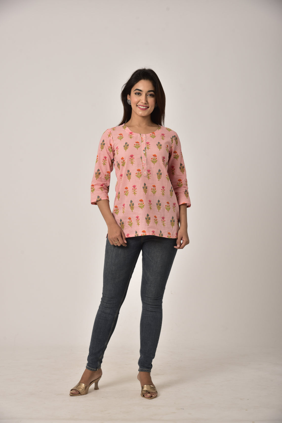 Pink Cotton Floral Print Short Kurta-444
