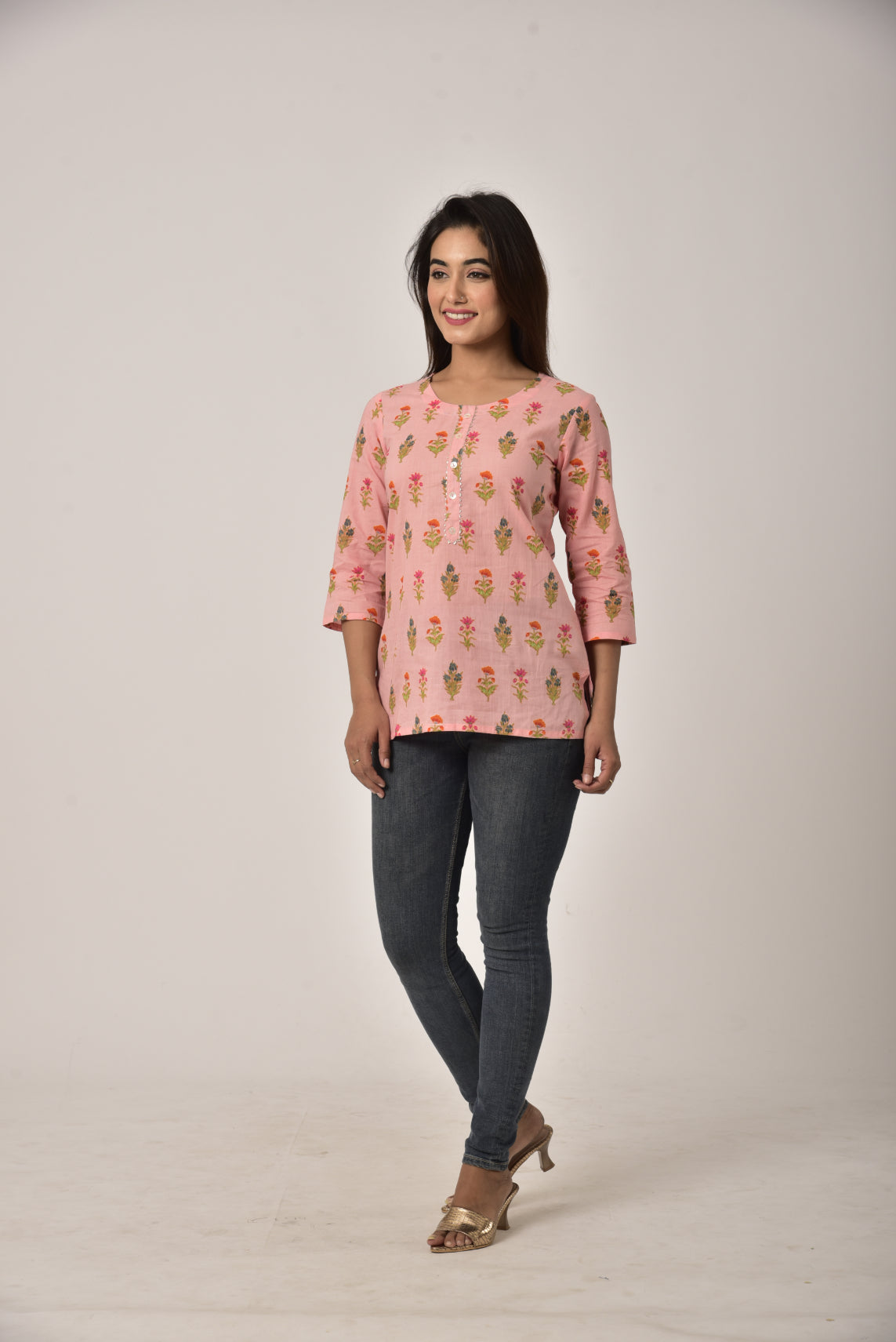 Pink Cotton Floral Print Short Kurta-444
