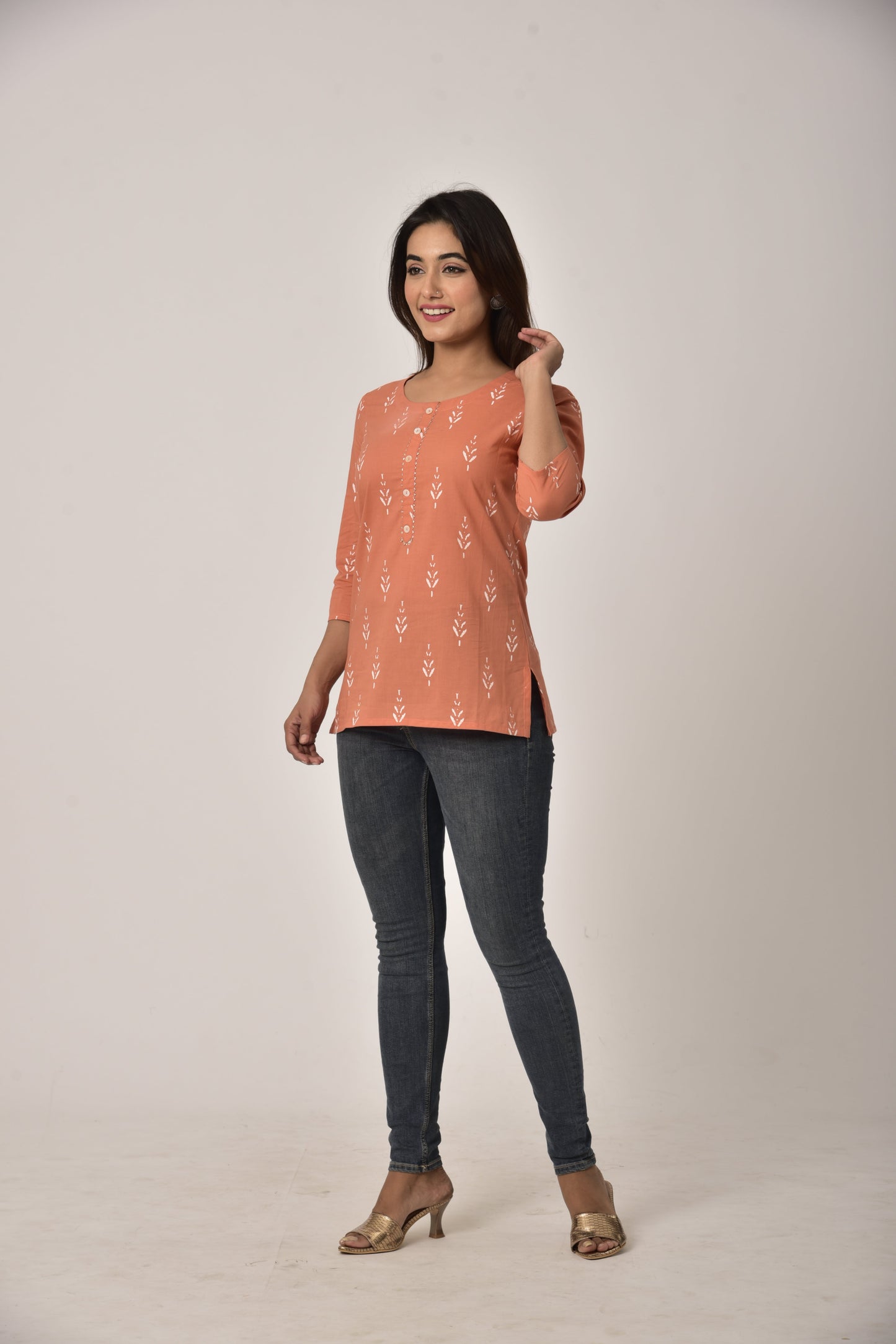 Peach Cotton Ikat Print Short Kurta-452