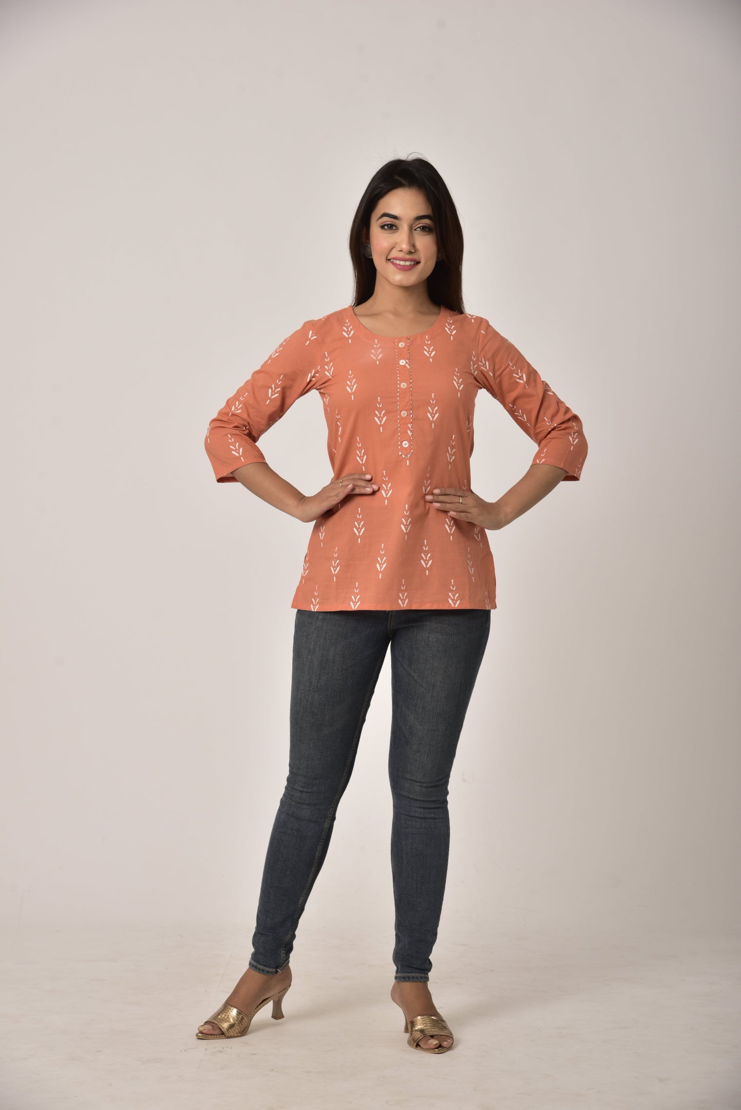 Peach Cotton Ikat Print Short Kurta-452