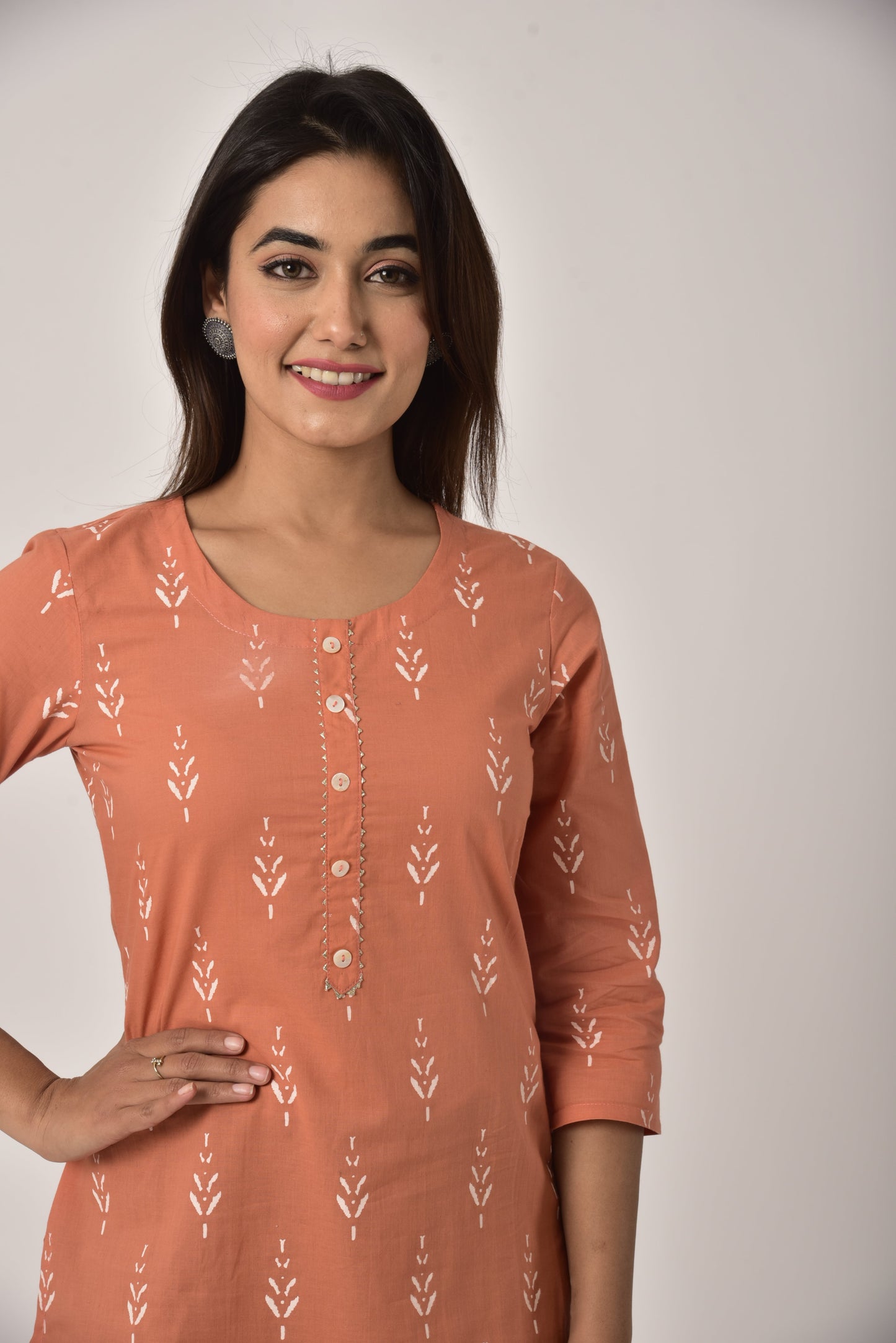 Peach Cotton Ikat Print Short Kurta-452