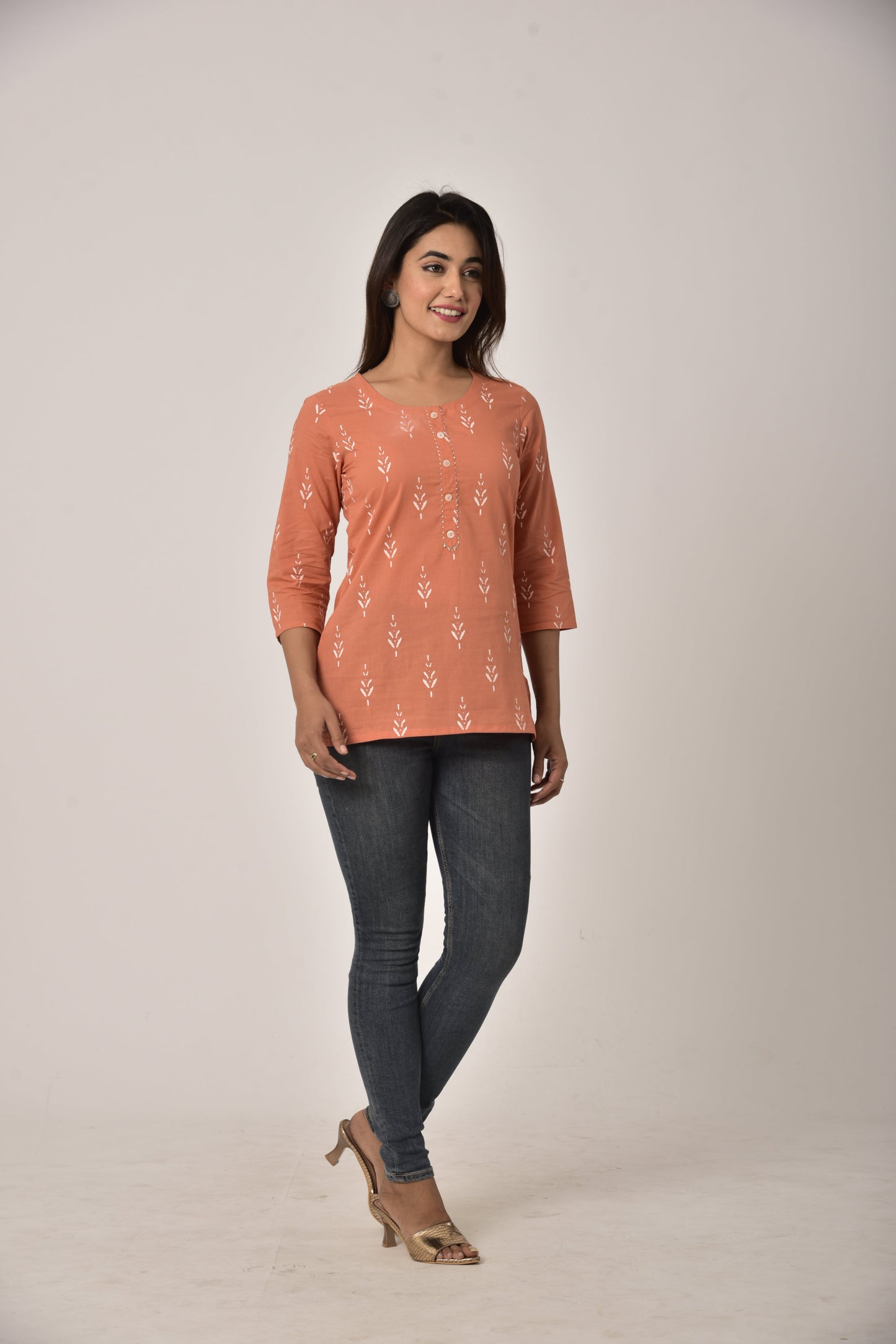 Peach Cotton Ikat Print Short Kurta-452