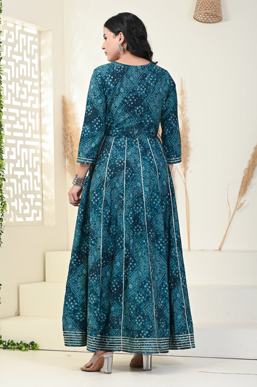 Rama Green Bandhej Print Flared Long Kurta Anarkali-1100001