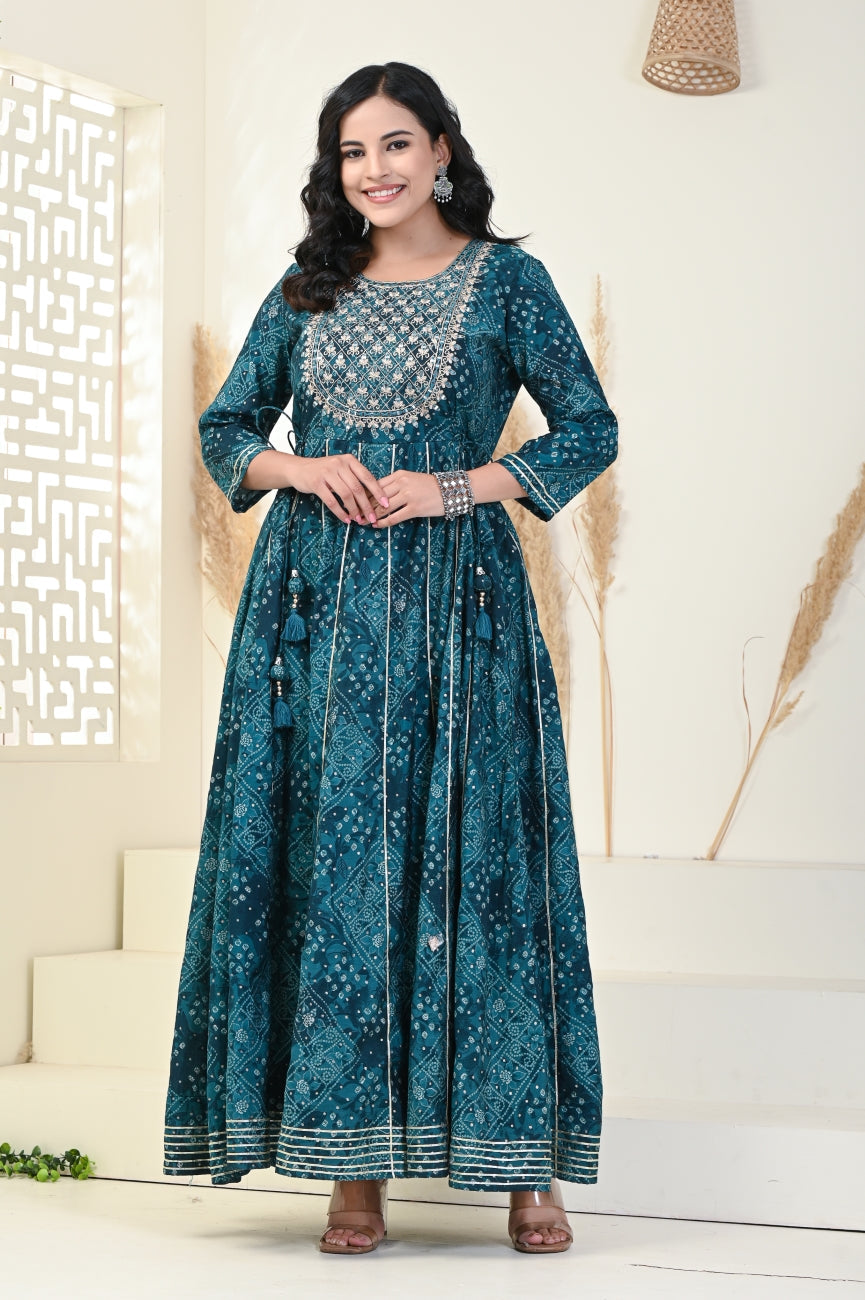 Rama Green Bandhej Print Flared Long Kurta Anarkali-1100001