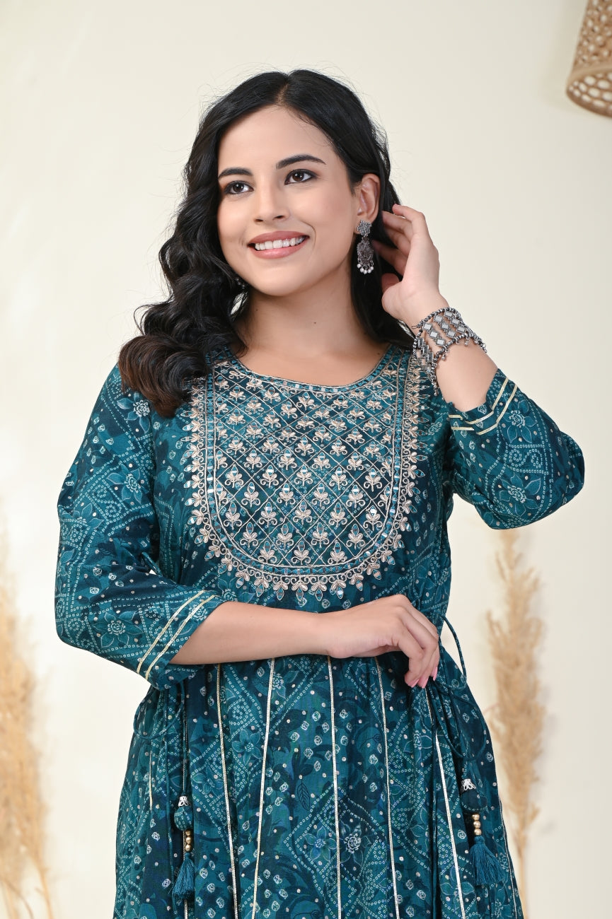 Rama Green Bandhej Print Flared Long Kurta Anarkali-1100001