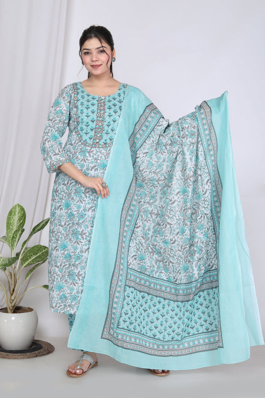 Sky Blue Cotton Printed Kurta Pant Set with Dupatta-720