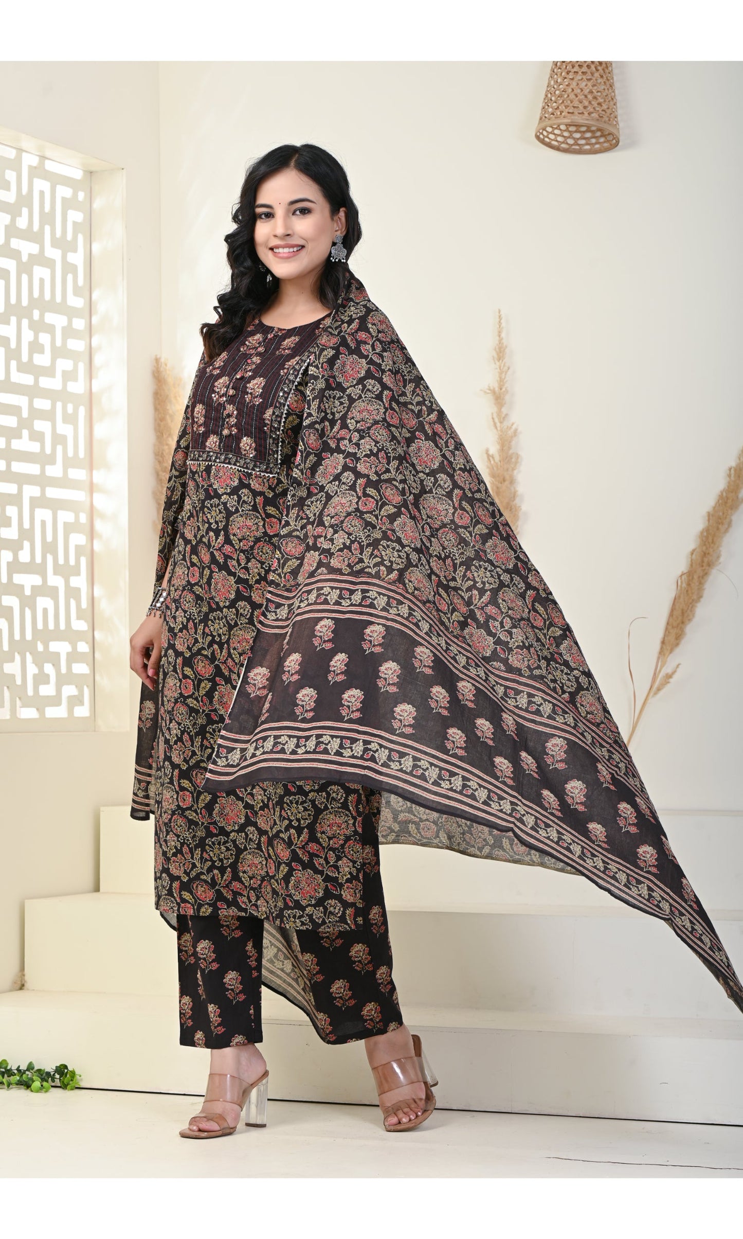 Black Cotton Printed Kurta Pant Set with Dupatta-