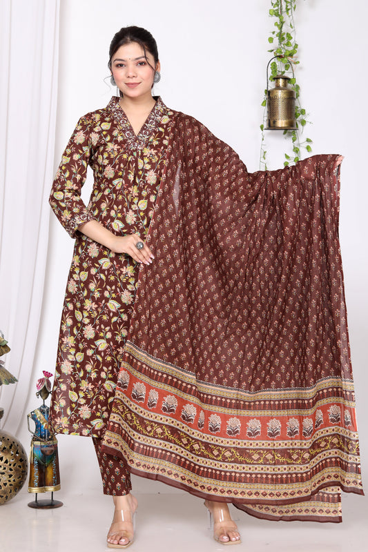 Maroon Cotton Printed Kurta Pant Set Dupatta with Embroidery work-800014