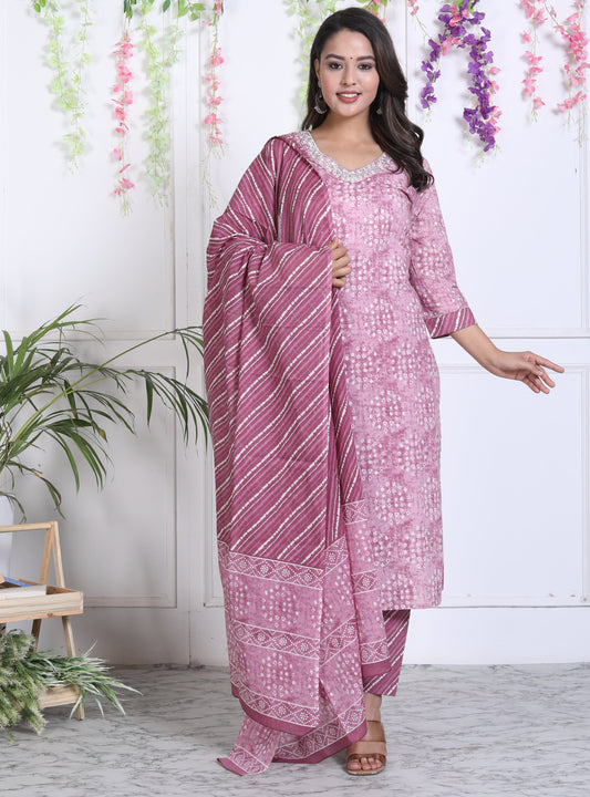Purple Cotton Printed Kurta Pant Set Dupatta with Embroidery work-800037
