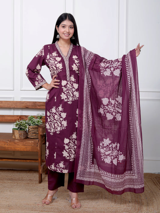 Purple Cotton Printed Kurta Pant Set Dupatta with Embroidery work-800066