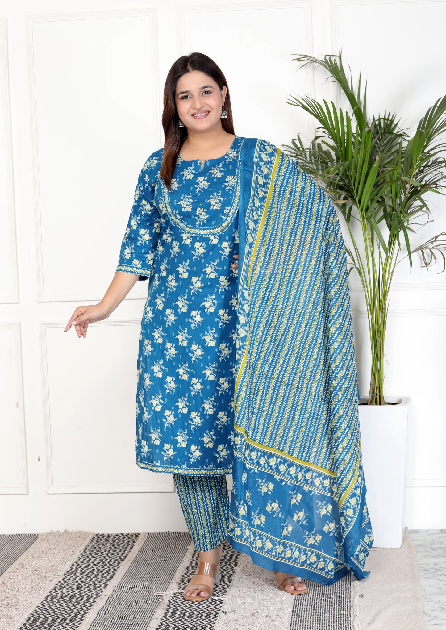 Blue Cotton Printed Kurta Pant Set with Dupatta-800070