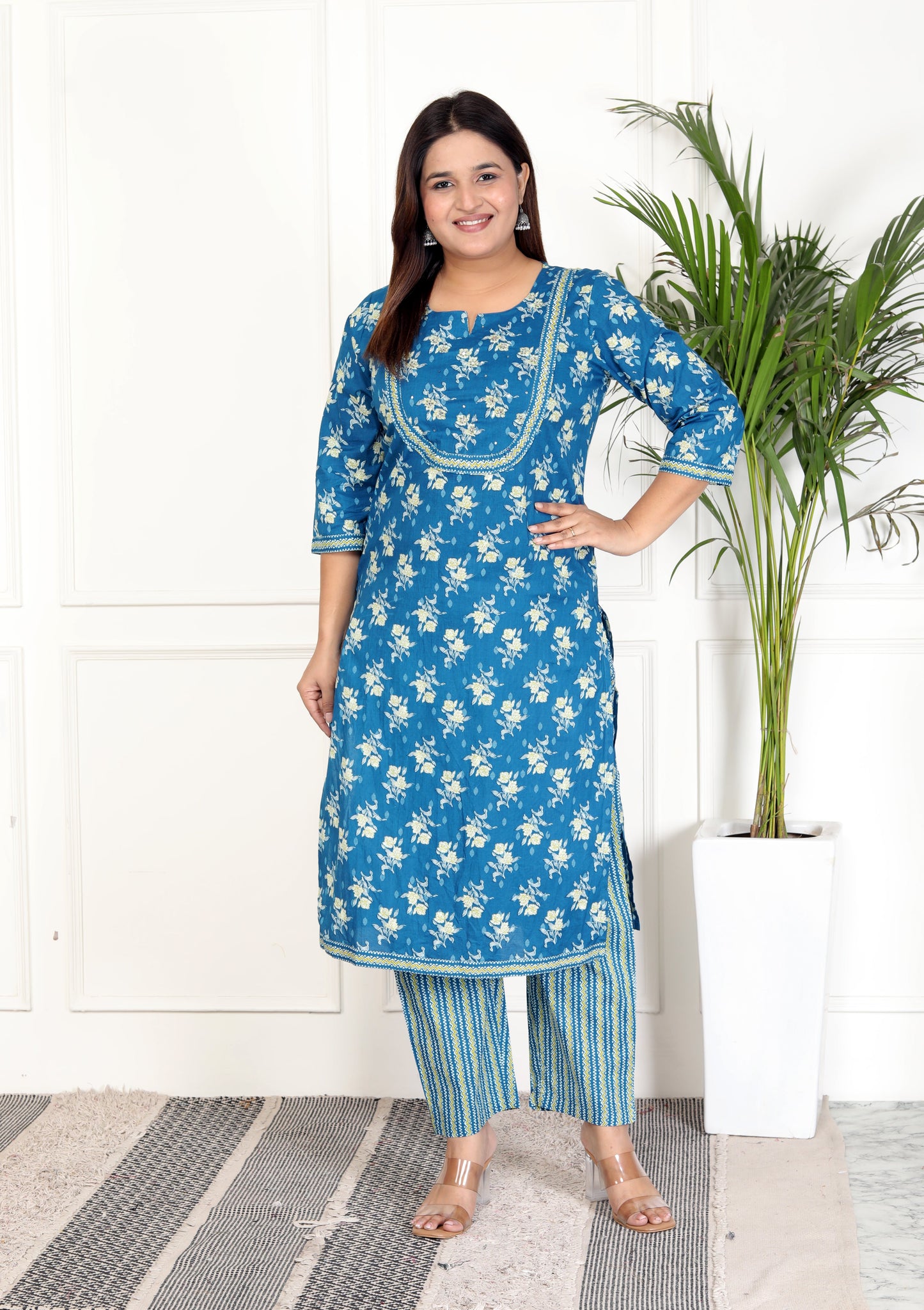 Blue Cotton Printed Kurta Pant Set with Dupatta-800070