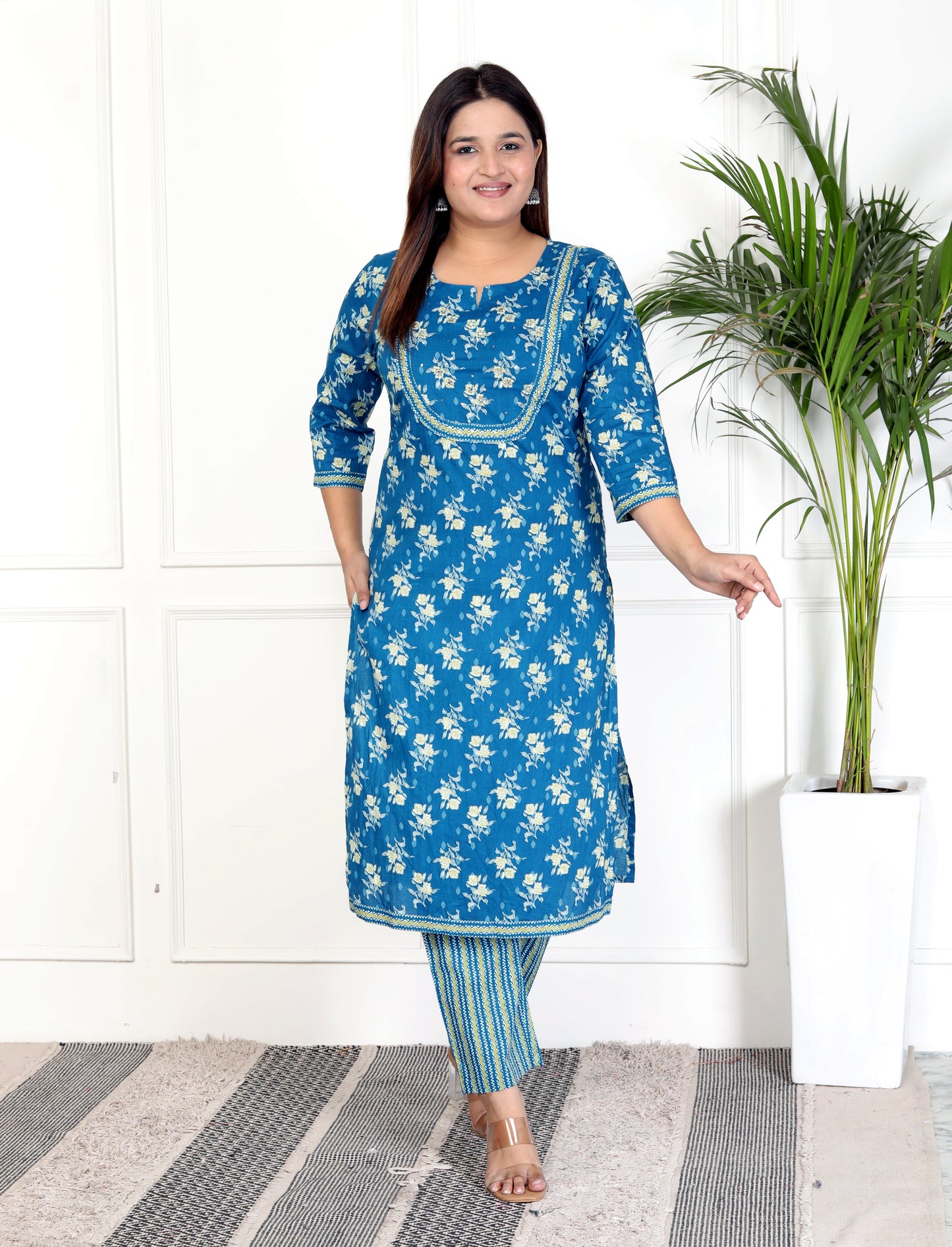 Blue Cotton Printed Kurta Pant Set with Dupatta-800070